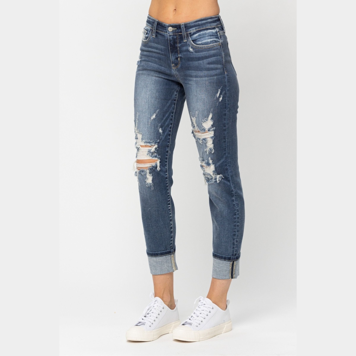 Judy Blue Mid-Rise Cuffed Destroy Boyfriend Jeans