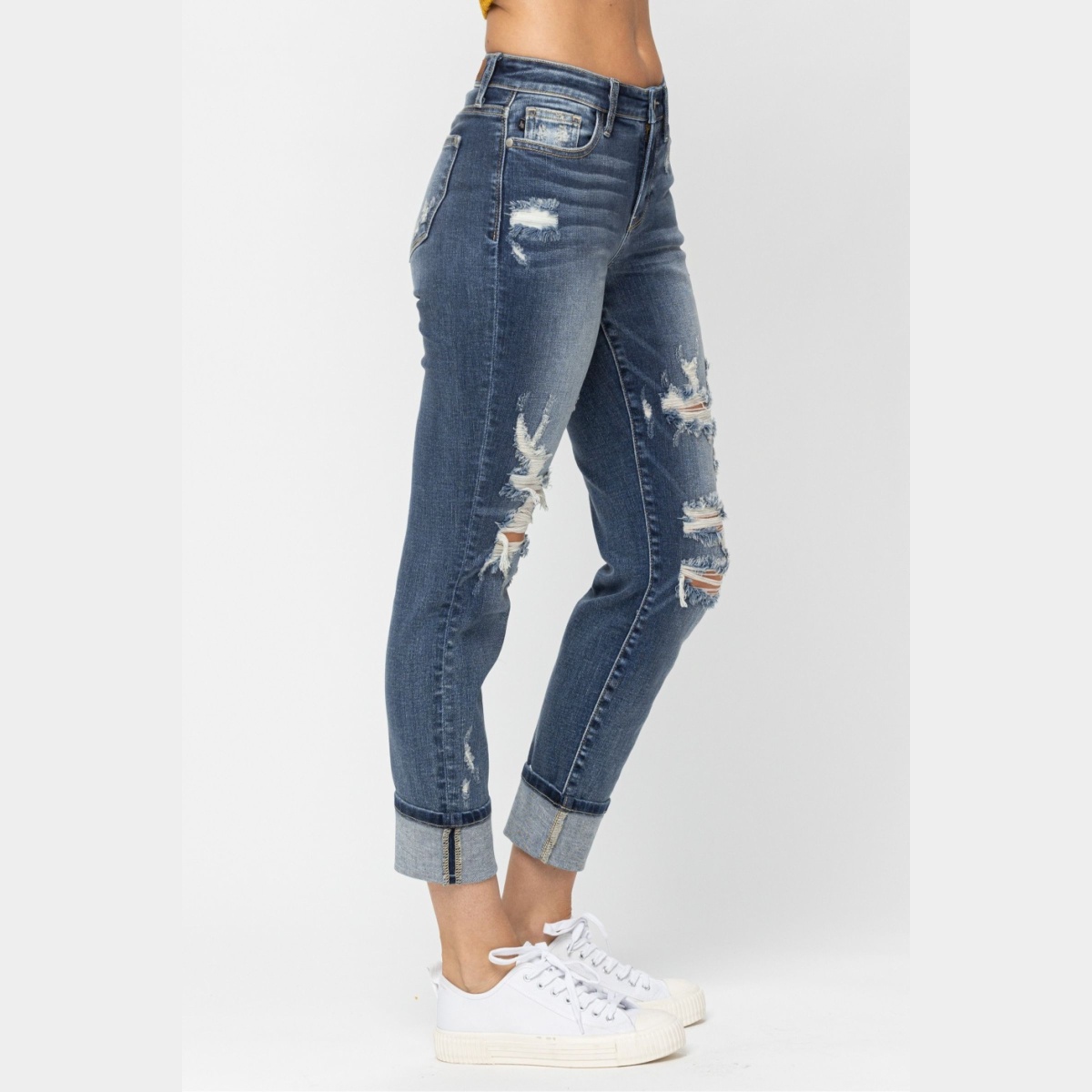 Judy Blue Mid-Rise Cuffed Destroy Boyfriend Jeans