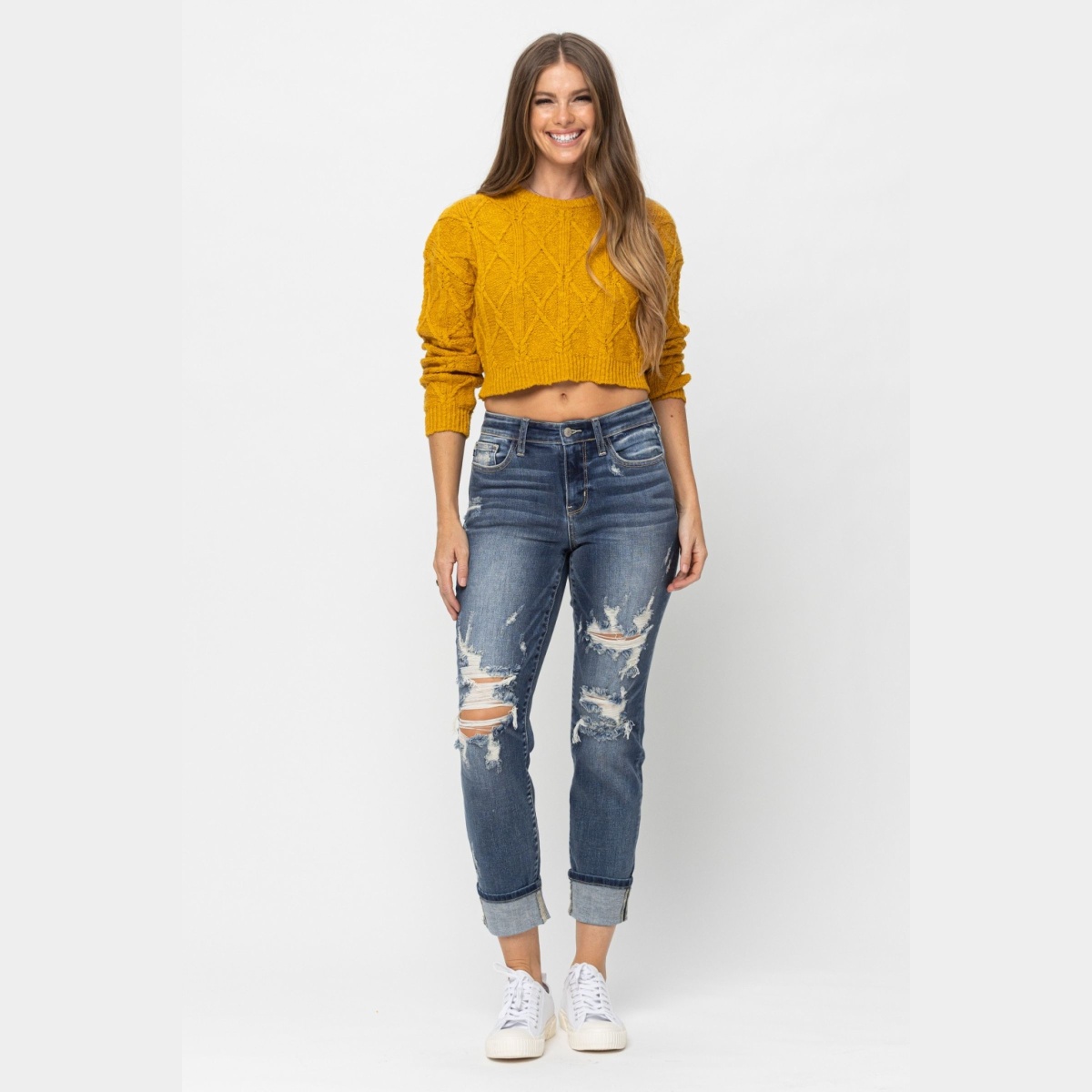 Judy Blue Mid-Rise Cuffed Destroy Boyfriend Jeans