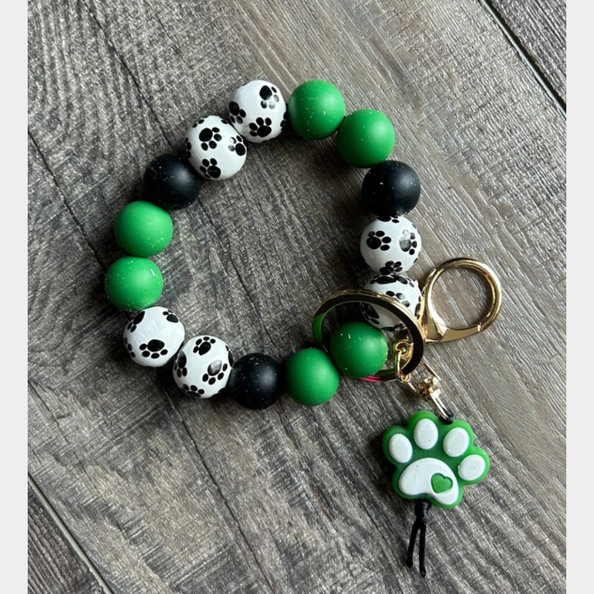 Paw Print Silicone and Wooden Bead Keychain