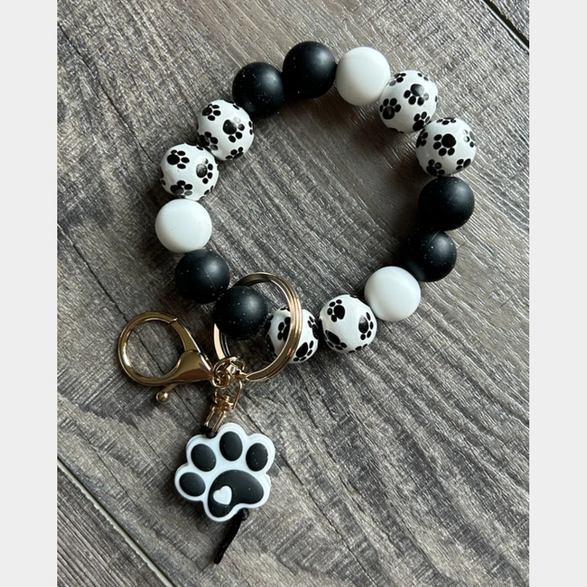 Paw Print Silicone and Wooden Bead Keychain