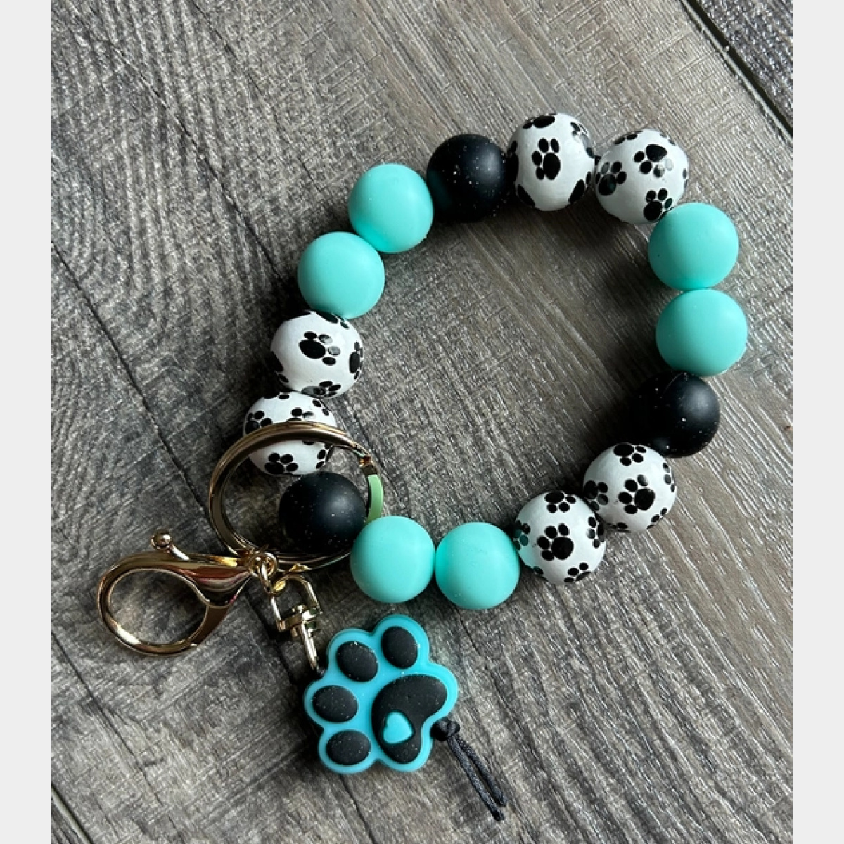 Paw Print Silicone and Wooden Bead Keychain