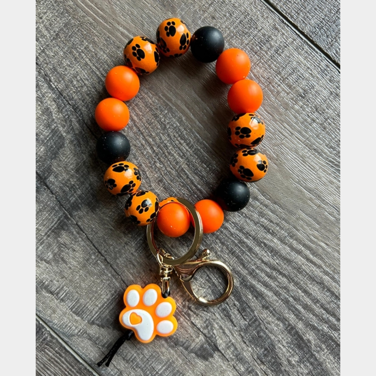 Paw Print Silicone and Wooden Bead Keychain