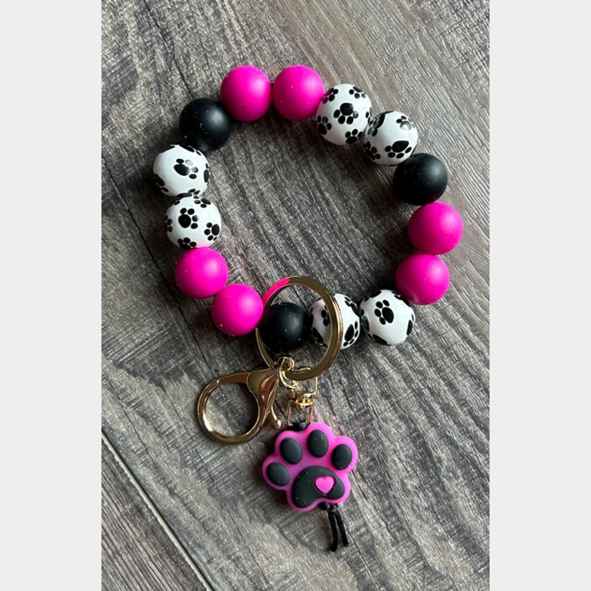 Paw Print Silicone and Wooden Bead Keychain