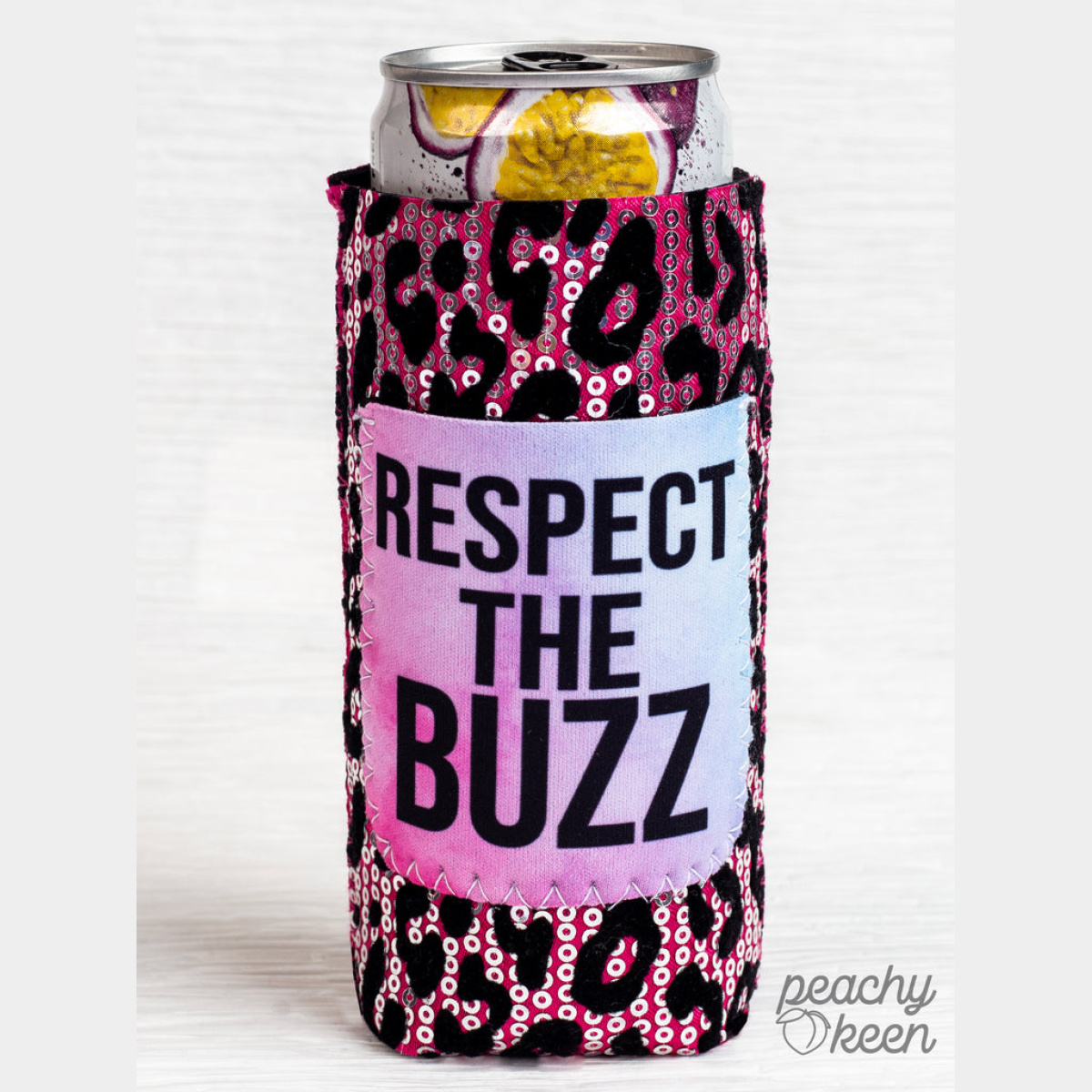 Respect The Buzz Sequin Slim Can Cooler