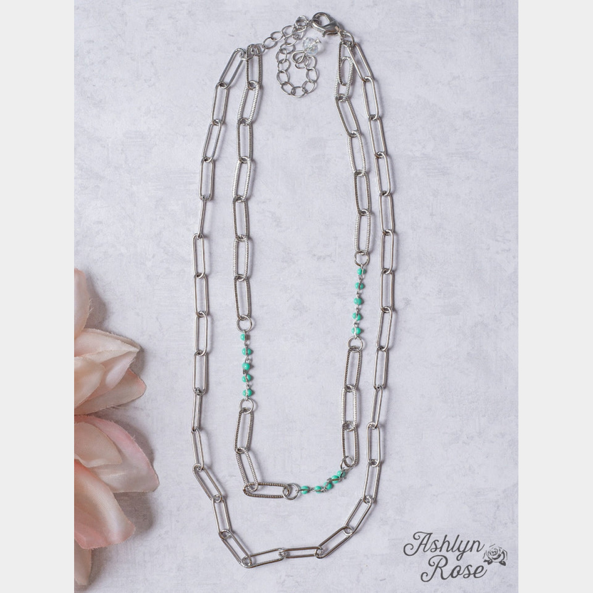 Turquoise Bead Silver Linked Chain