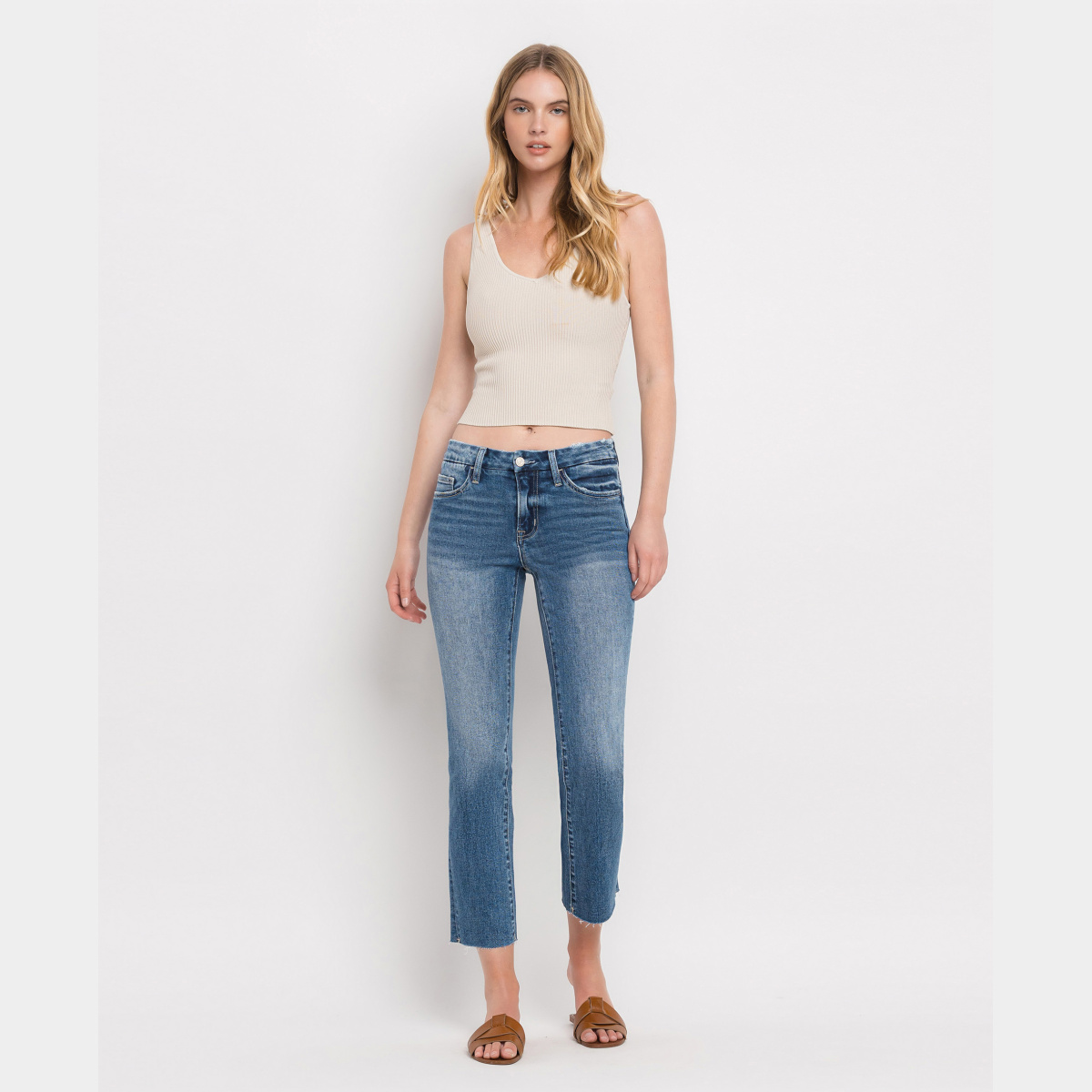 Mid Rise Crop Slim Straight Jeans