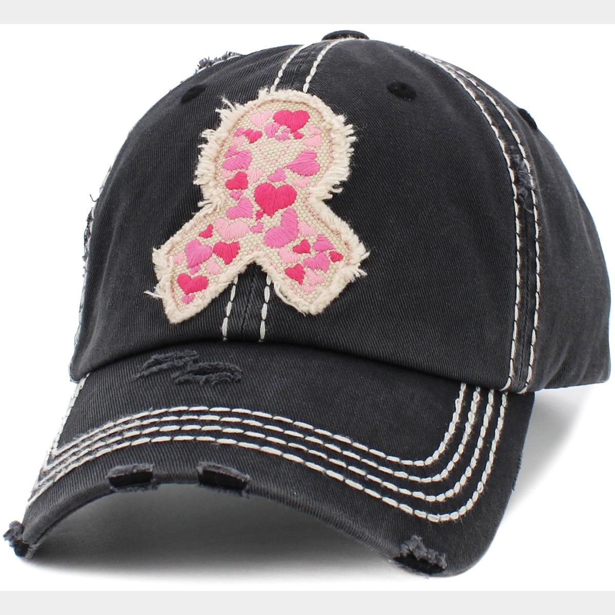 Pink Ribbon Hearts Washed Vintage Ballcap