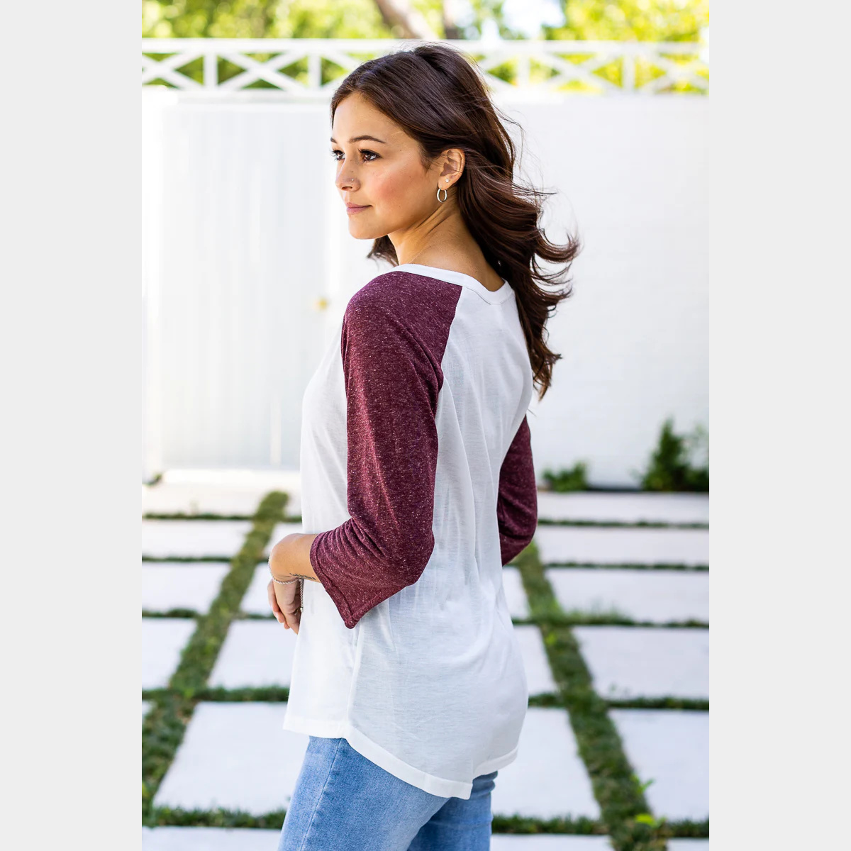 White Tee with Maroon Sleeves