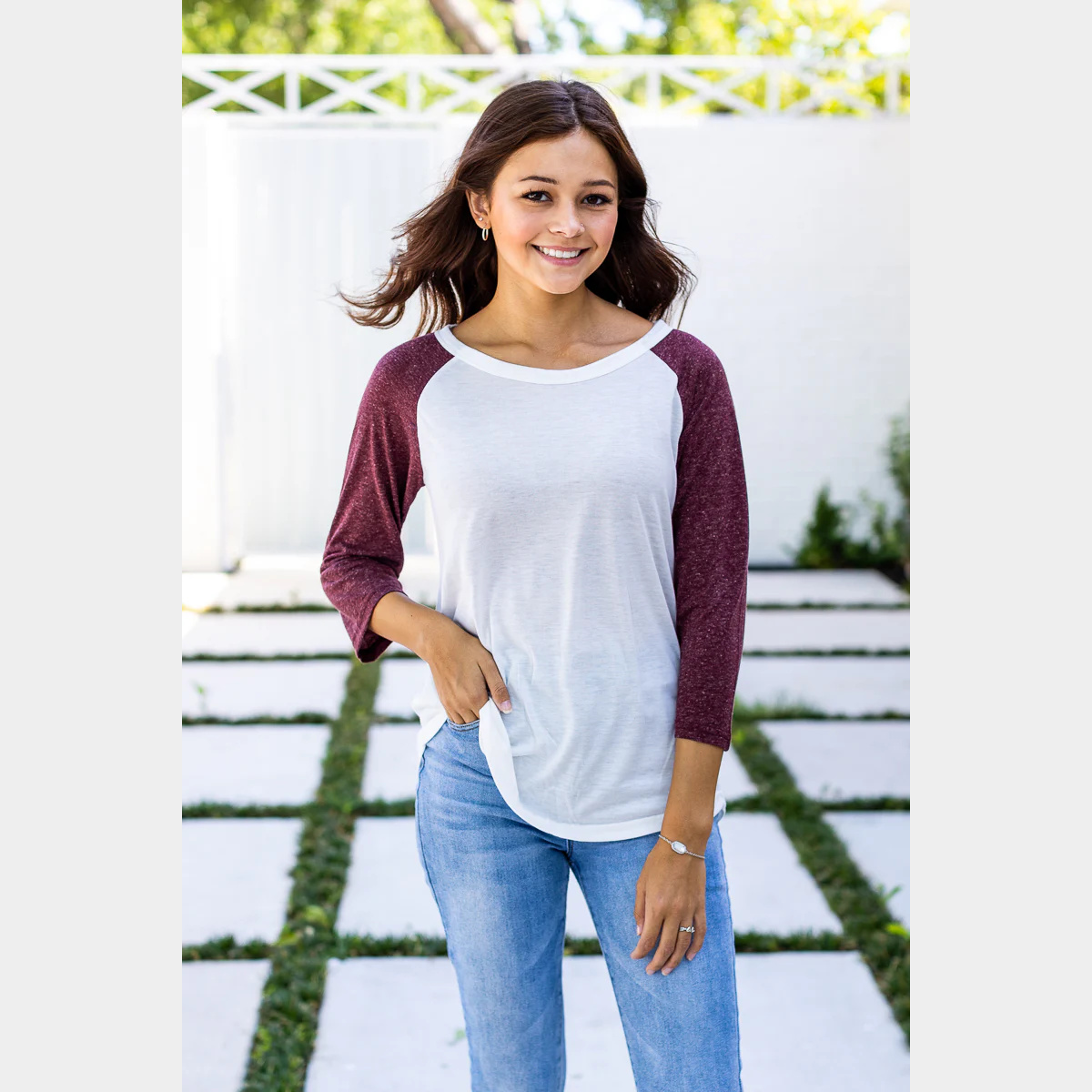 White Tee with Maroon Sleeves