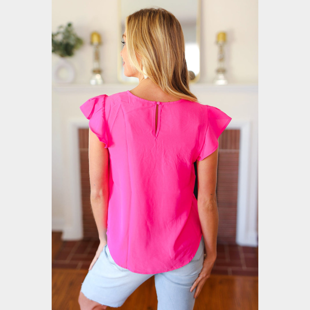 All For You Fuchsia Scallop Lace Yoke Tulip Sleeve Top