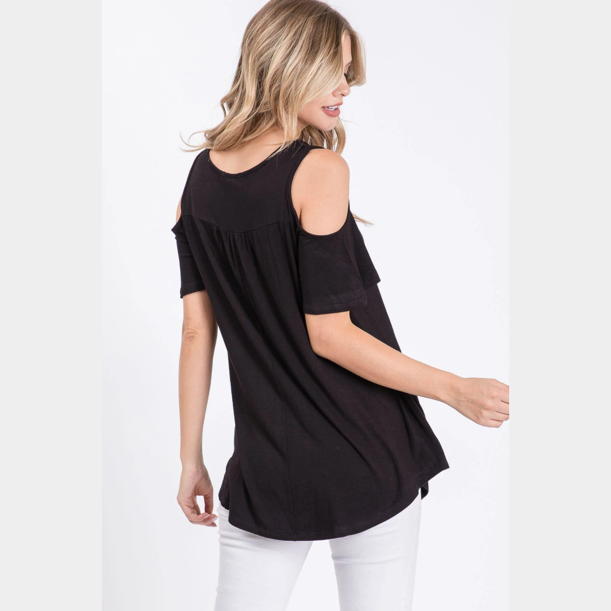 Black Cold Shoulder Round Neck Swing Top