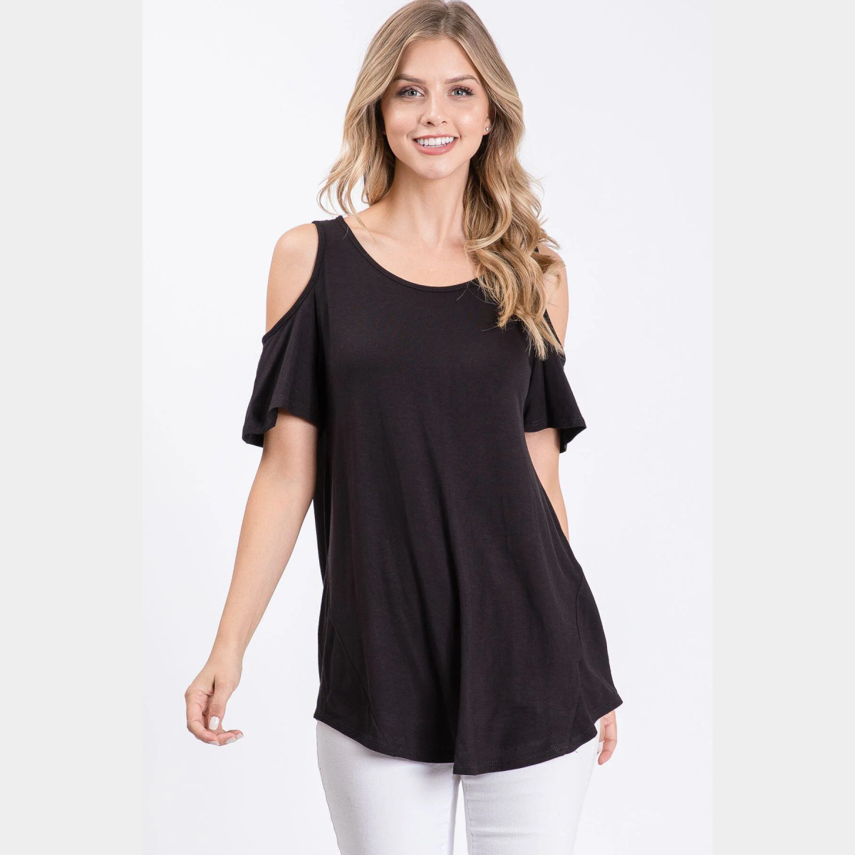 Black Cold Shoulder Round Neck Swing Top