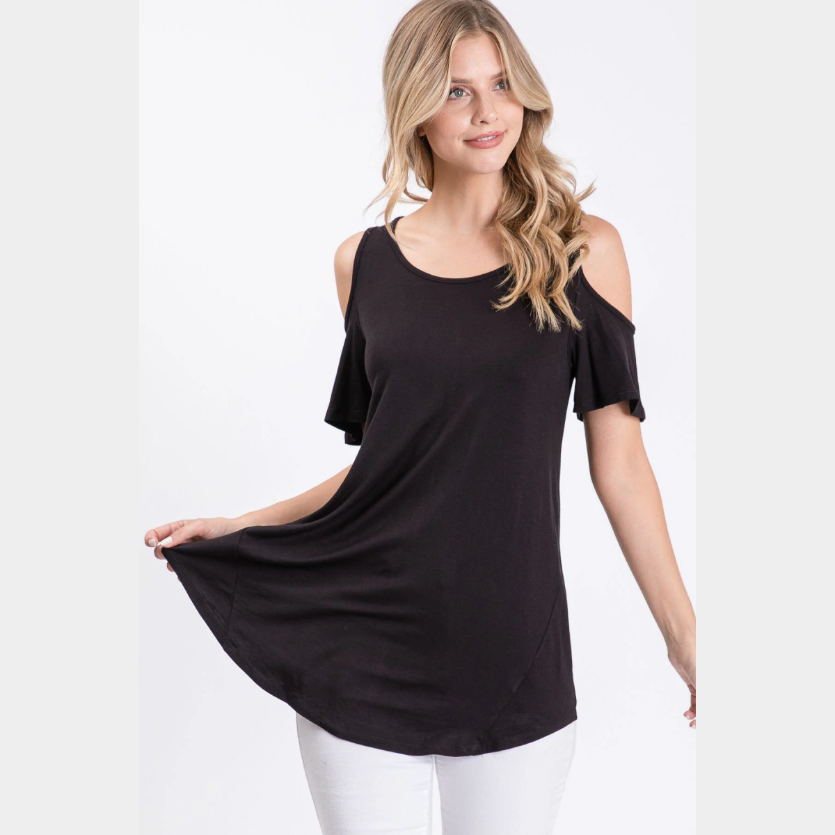 Black Cold Shoulder Round Neck Swing Top