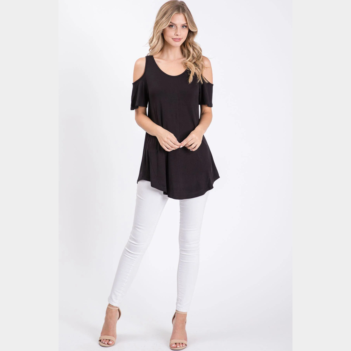 Black Cold Shoulder Round Neck Swing Top