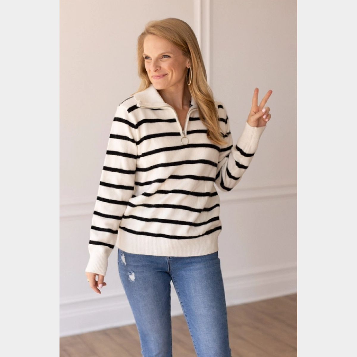 Black and White Stripe Quarter Zip Sweater