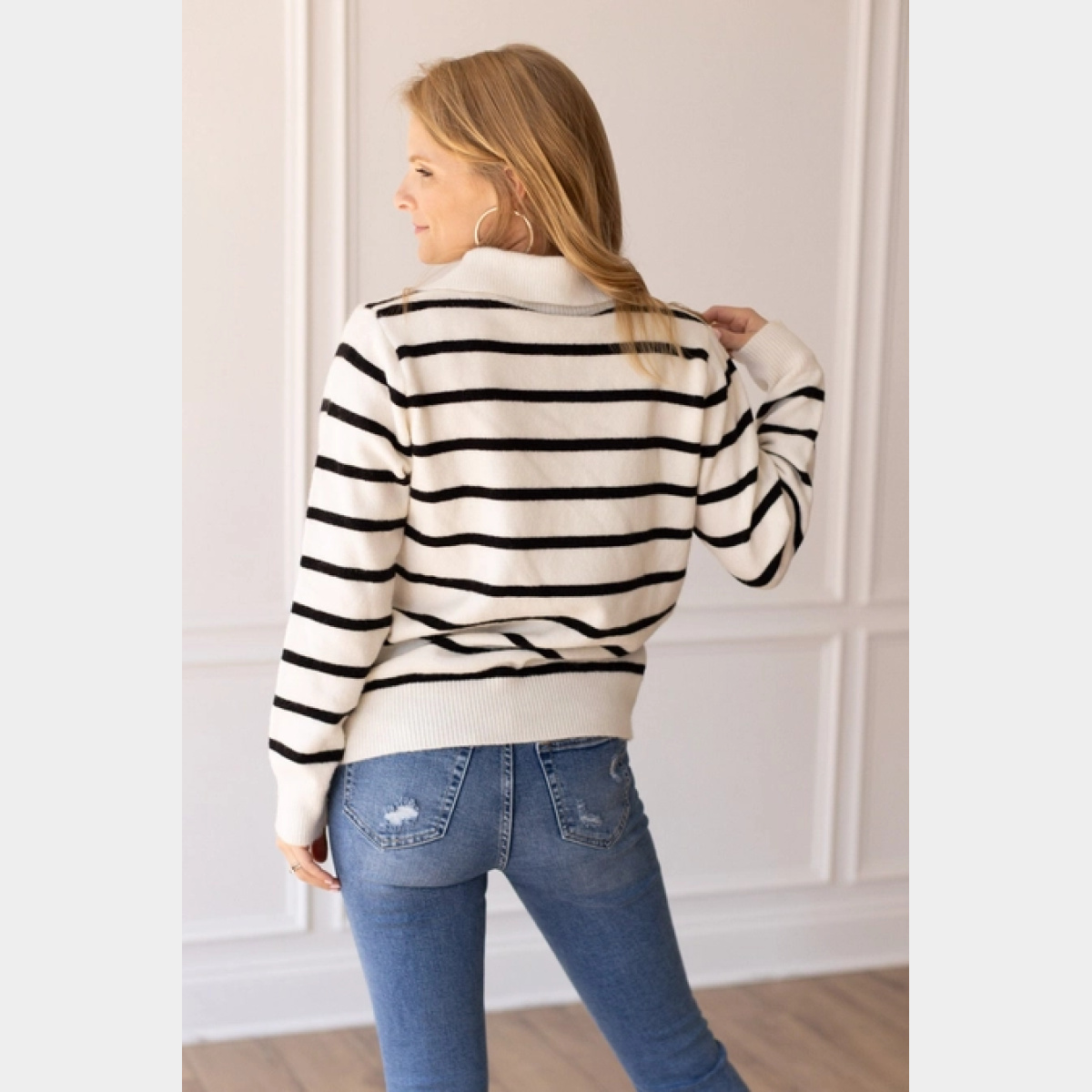 Black and White Stripe Quarter Zip Sweater