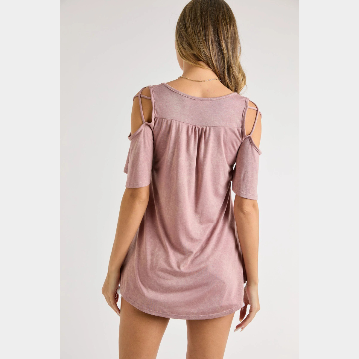 Blush Stoned washed modal jersey v-neck cold shoulder with cross detail