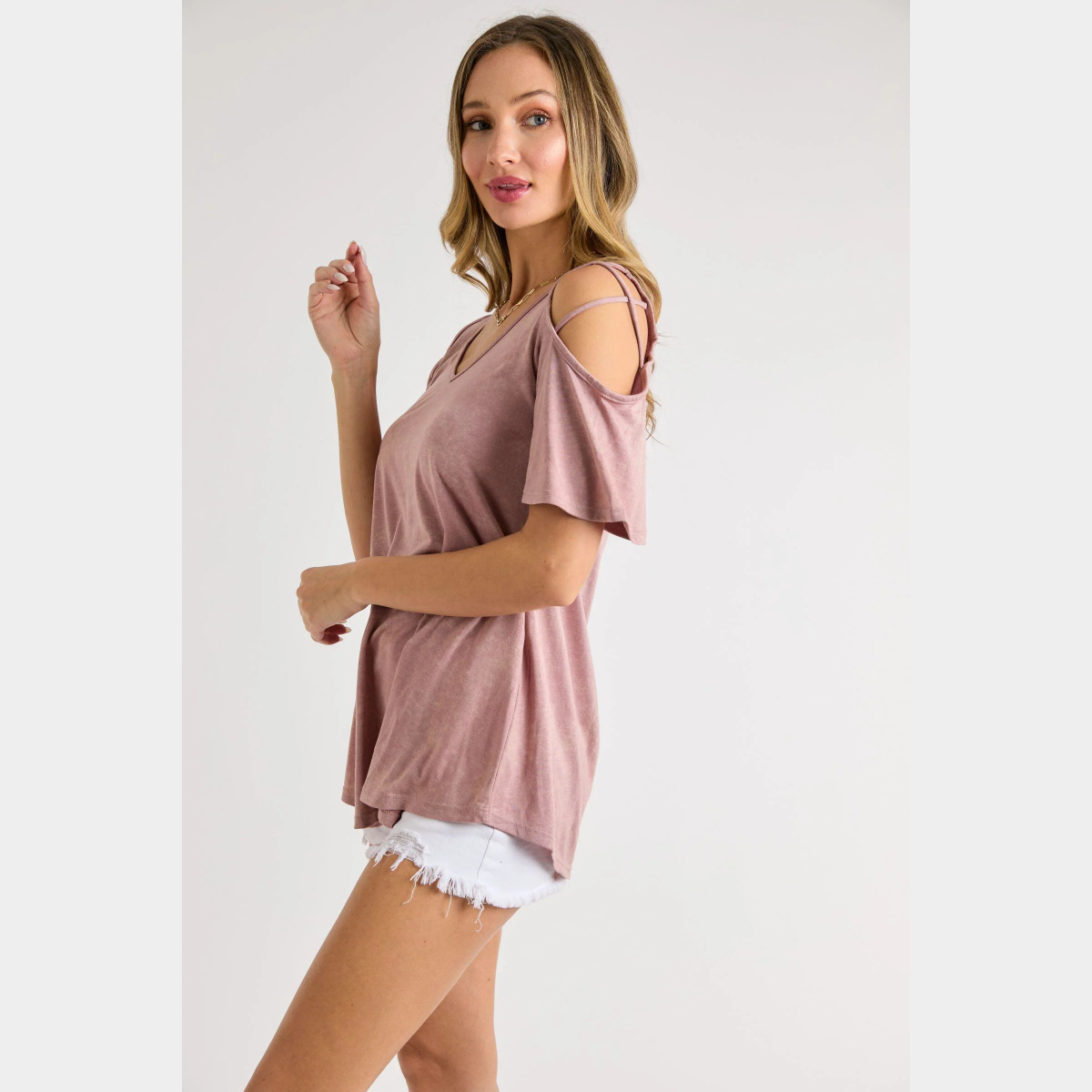 Blush Stoned washed modal jersey v-neck cold shoulder with cross detail