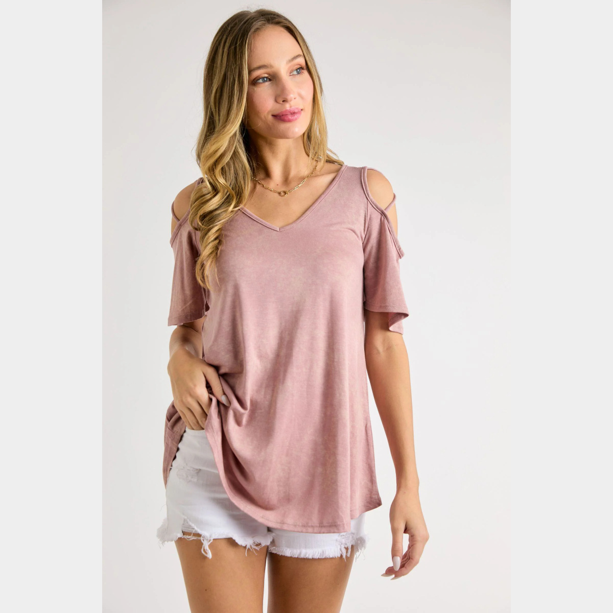 Blush Stoned washed modal jersey v-neck cold shoulder with cross detail