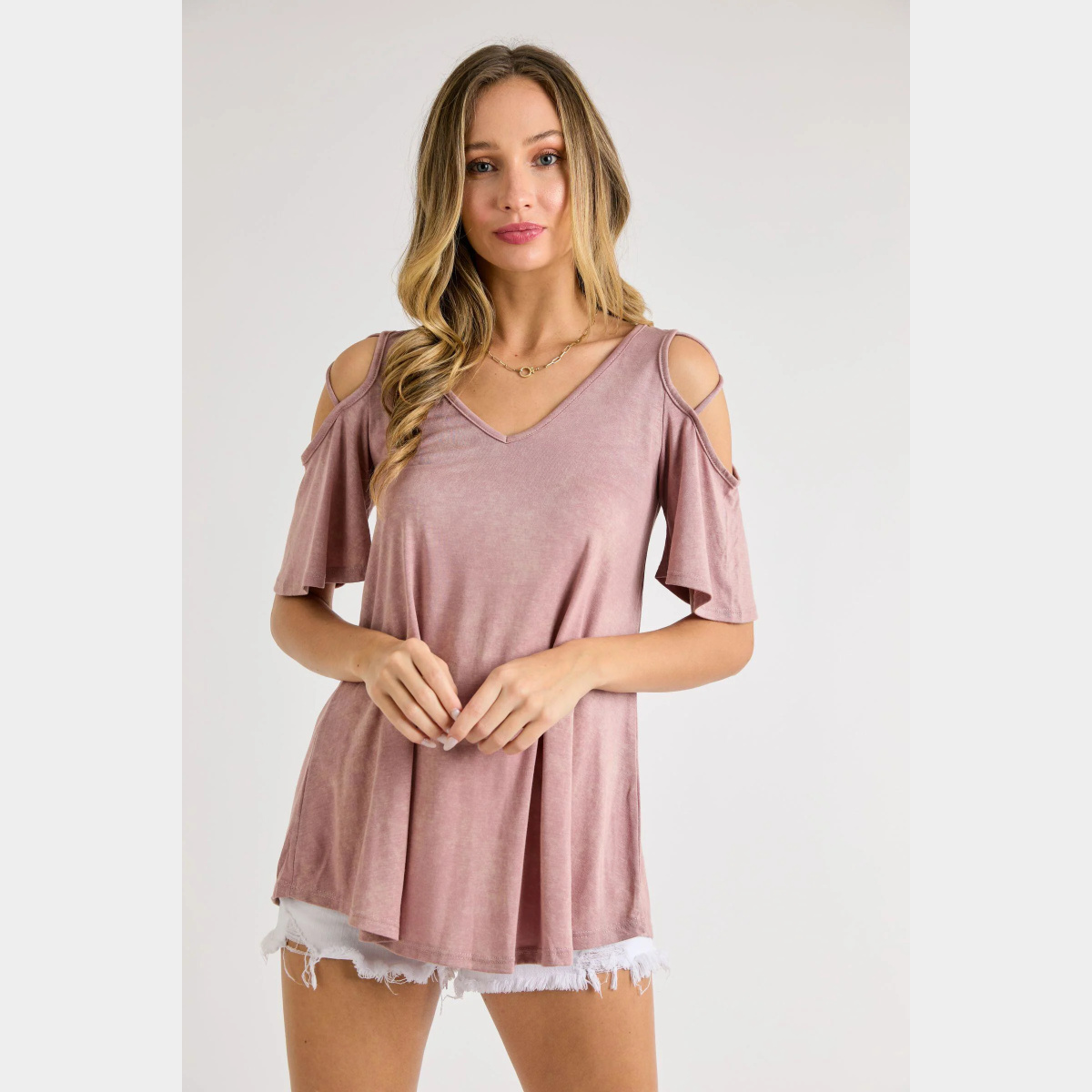 Blush Stoned washed modal jersey v-neck cold shoulder with cross detail