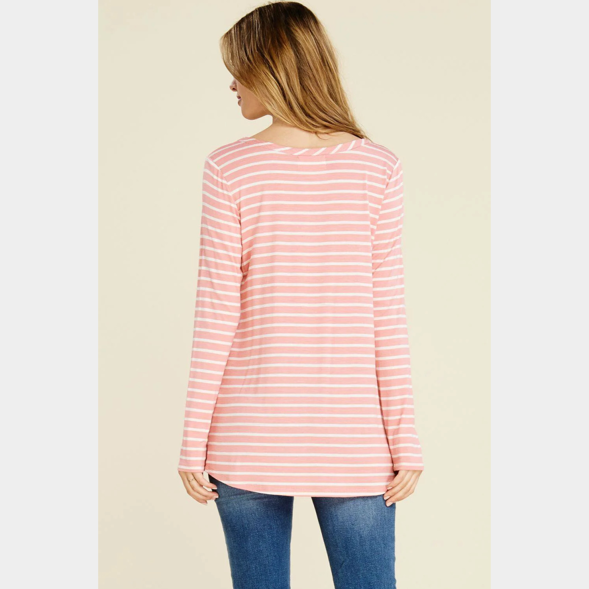 Blush Stripe Rayon Spandex Round Neck Cut Out Detail Long Sleeve Top