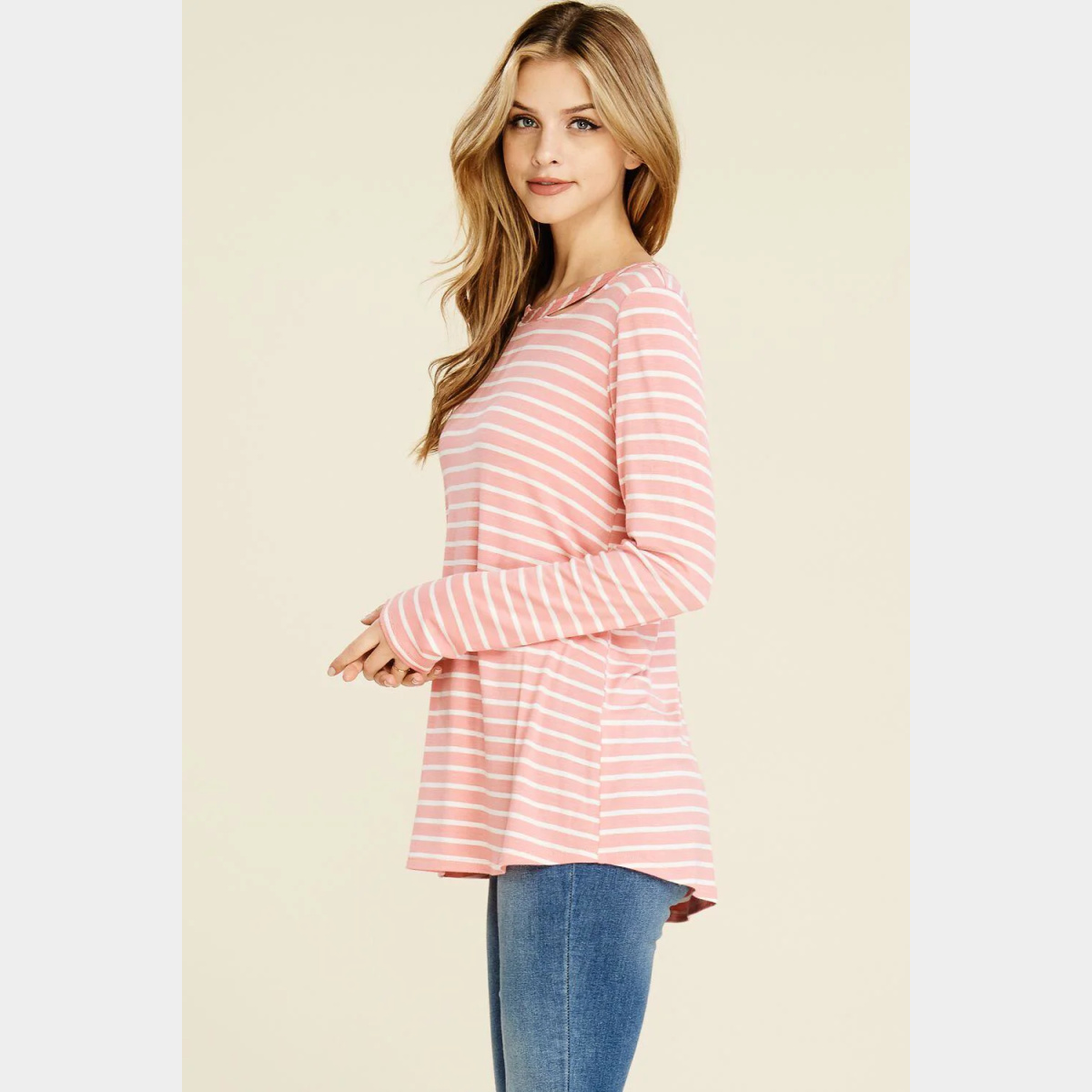 Blush Stripe Rayon Spandex Round Neck Cut Out Detail Long Sleeve Top