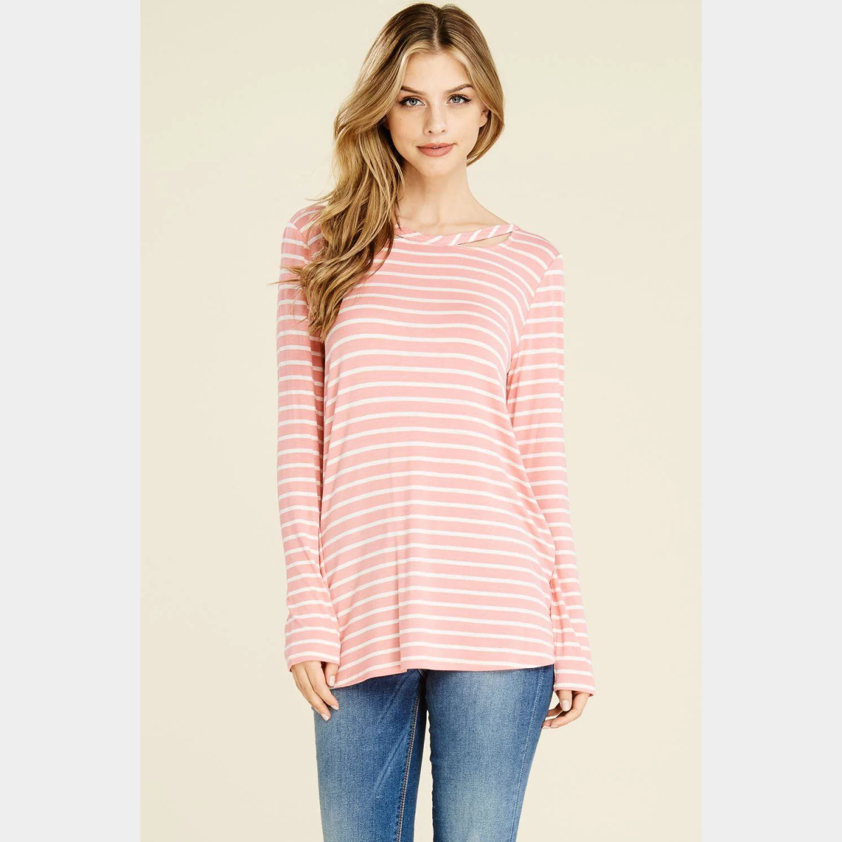 Blush Stripe Rayon Spandex Round Neck Cut Out Detail Long Sleeve Top