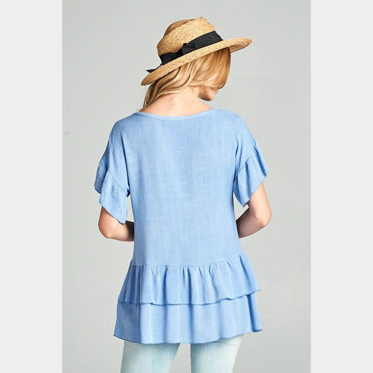 Chambray Rayon crepe slub double-layered peplum top with ruffle sleeve (1)