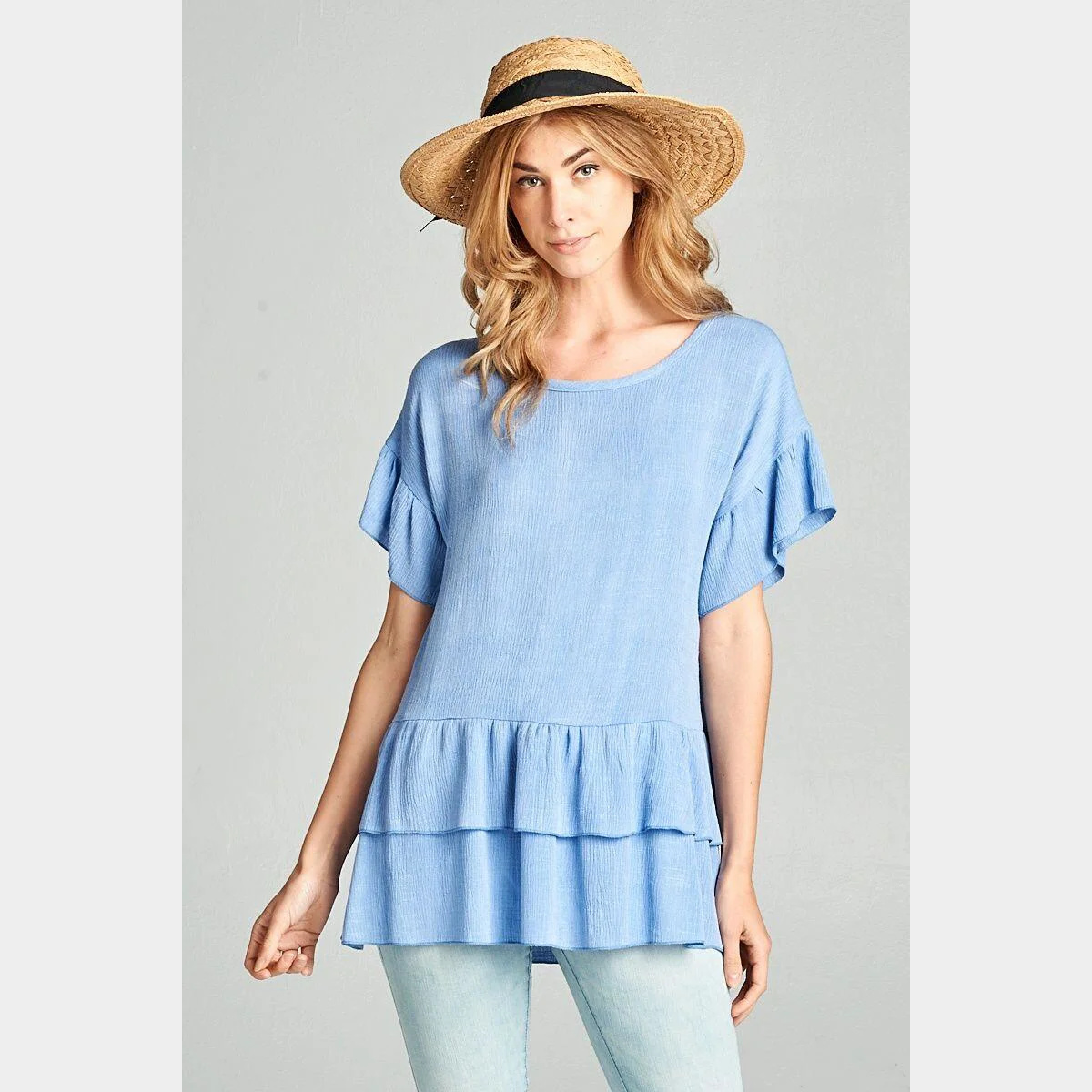 Chambray Rayon crepe slub double-layered peplum top with ruffle sleeve (1)