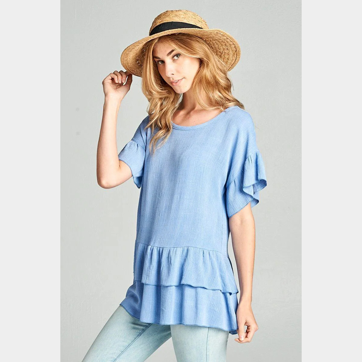 Chambray Rayon crepe slub double-layered peplum top with ruffle sleeve (1)