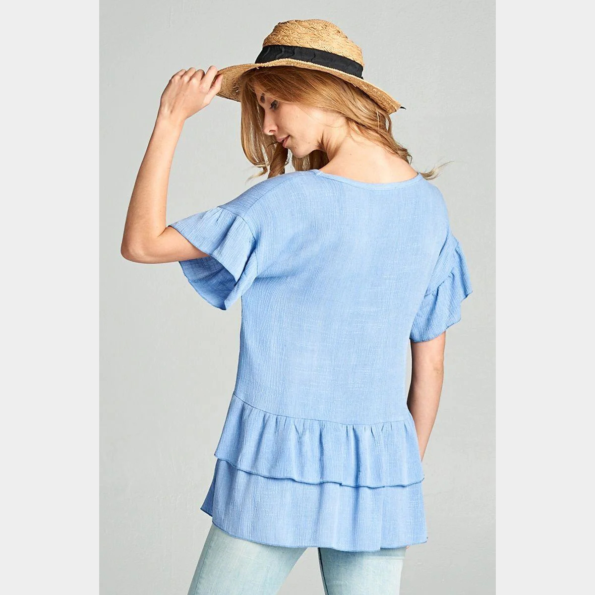 Chambray Rayon crepe slub double-layered peplum top with ruffle sleeve (1)