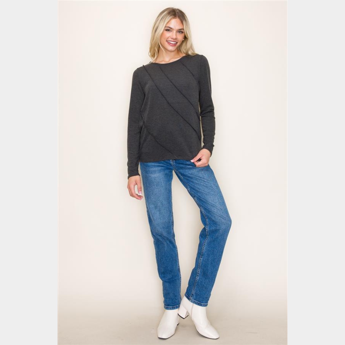 Charcoal Crew Neck Out seamed Knit Top