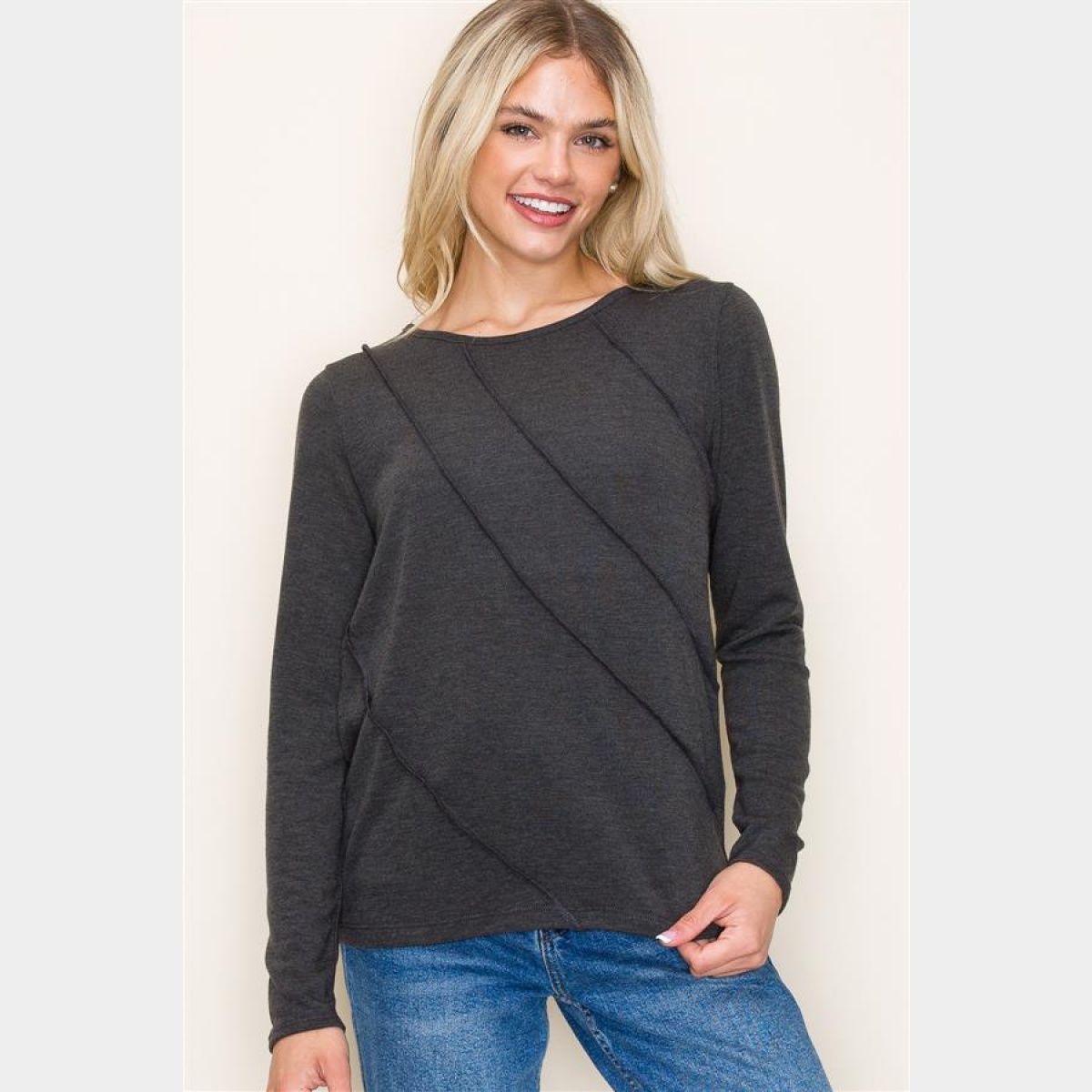 Charcoal Crew Neck Out seamed Knit Top