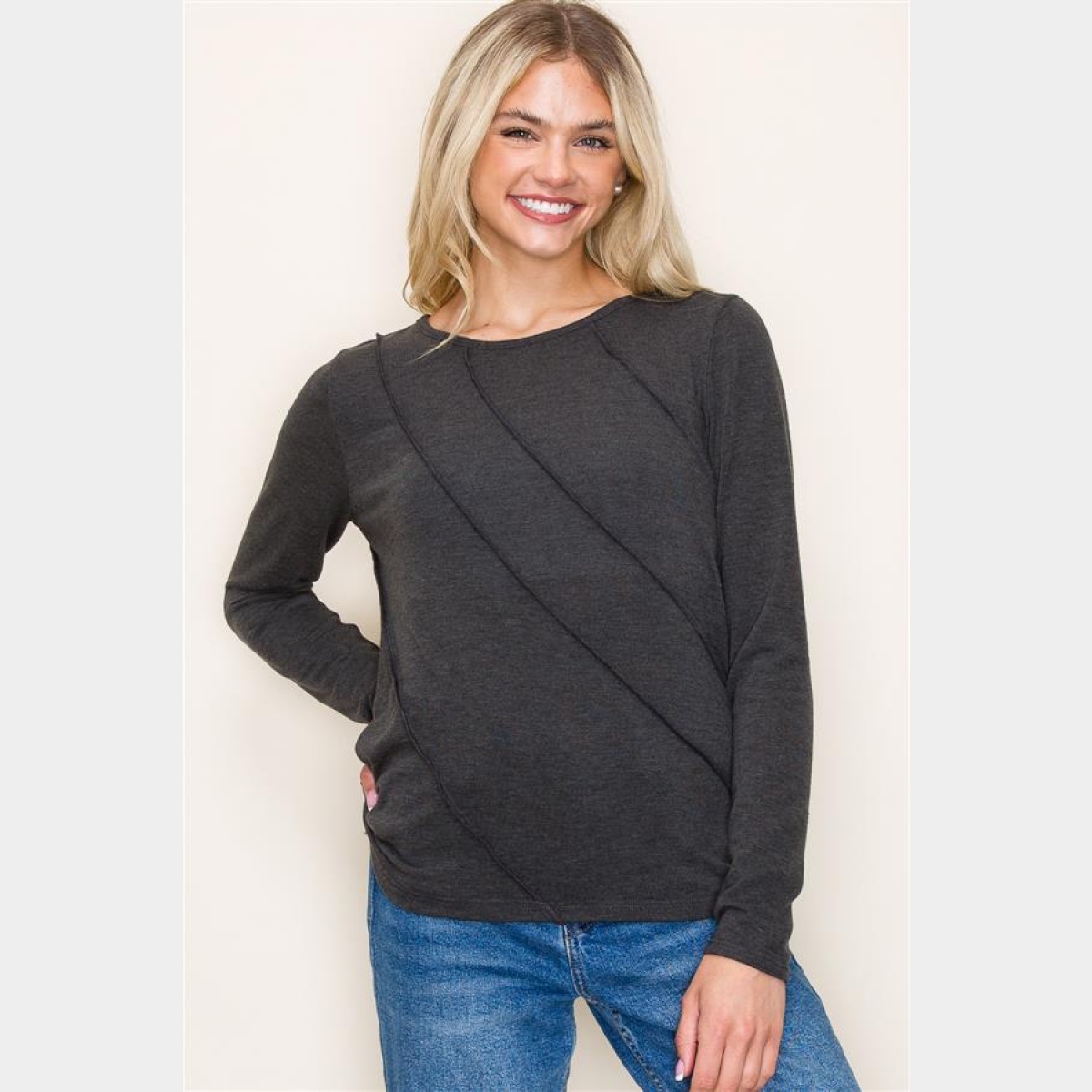 Charcoal Crew Neck Out seamed Knit Top