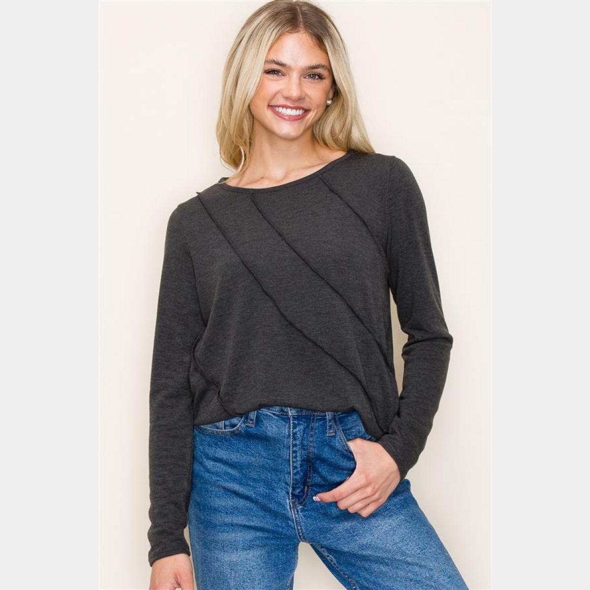 Charcoal Crew Neck Out seamed Knit Top