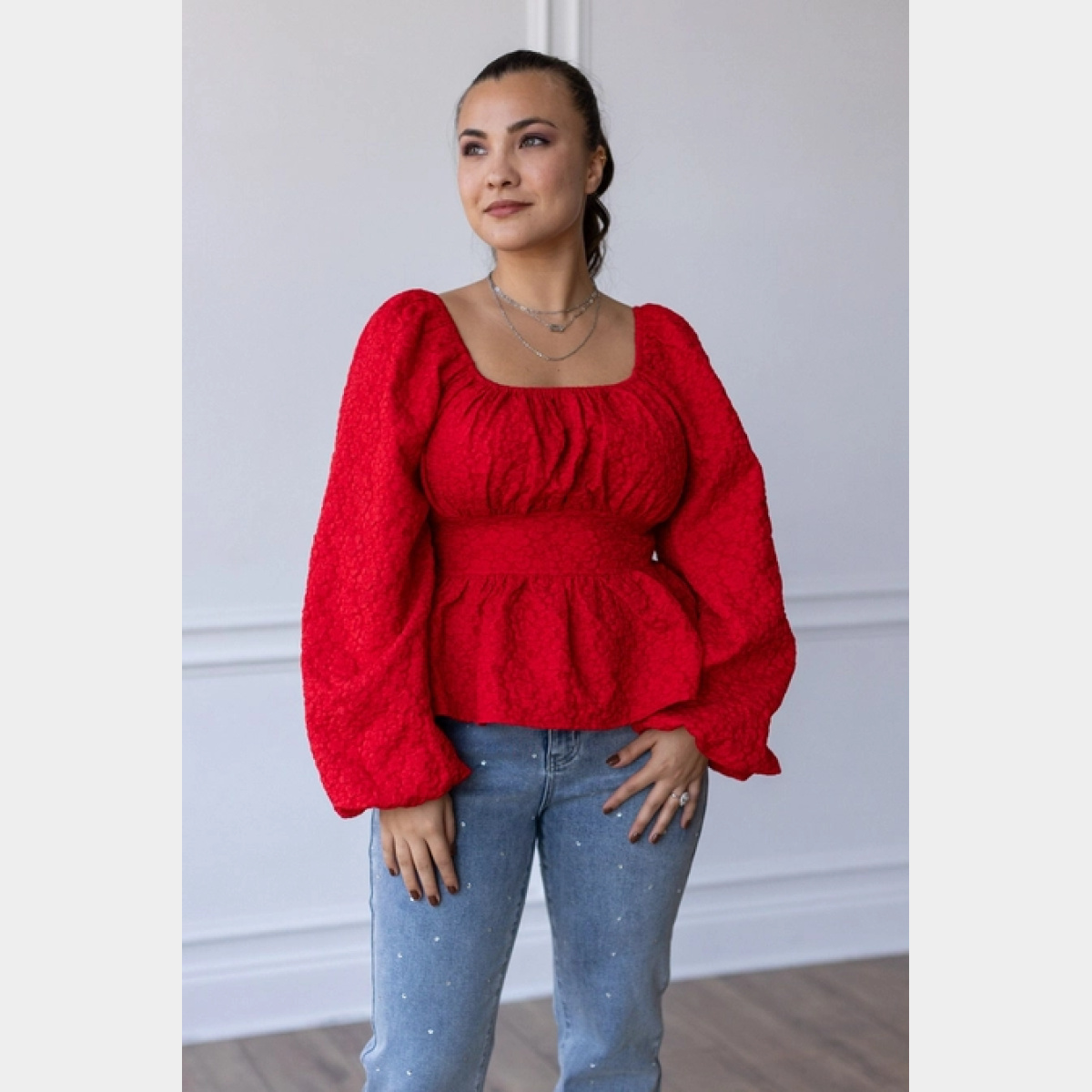 Crimson Passion Jacquard Peasant Blouse