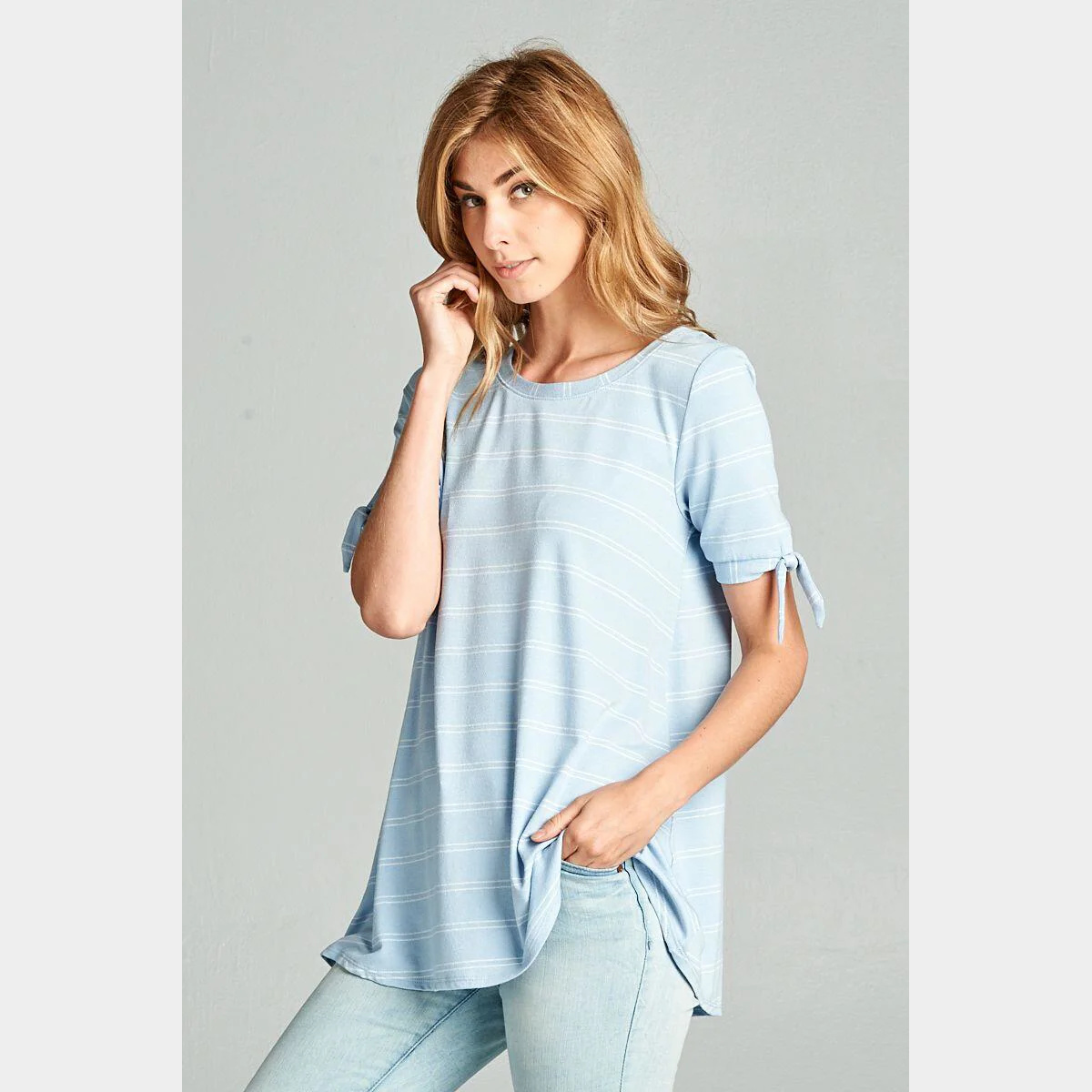 Denim Blue Double Stripe Rayon Crepe Top