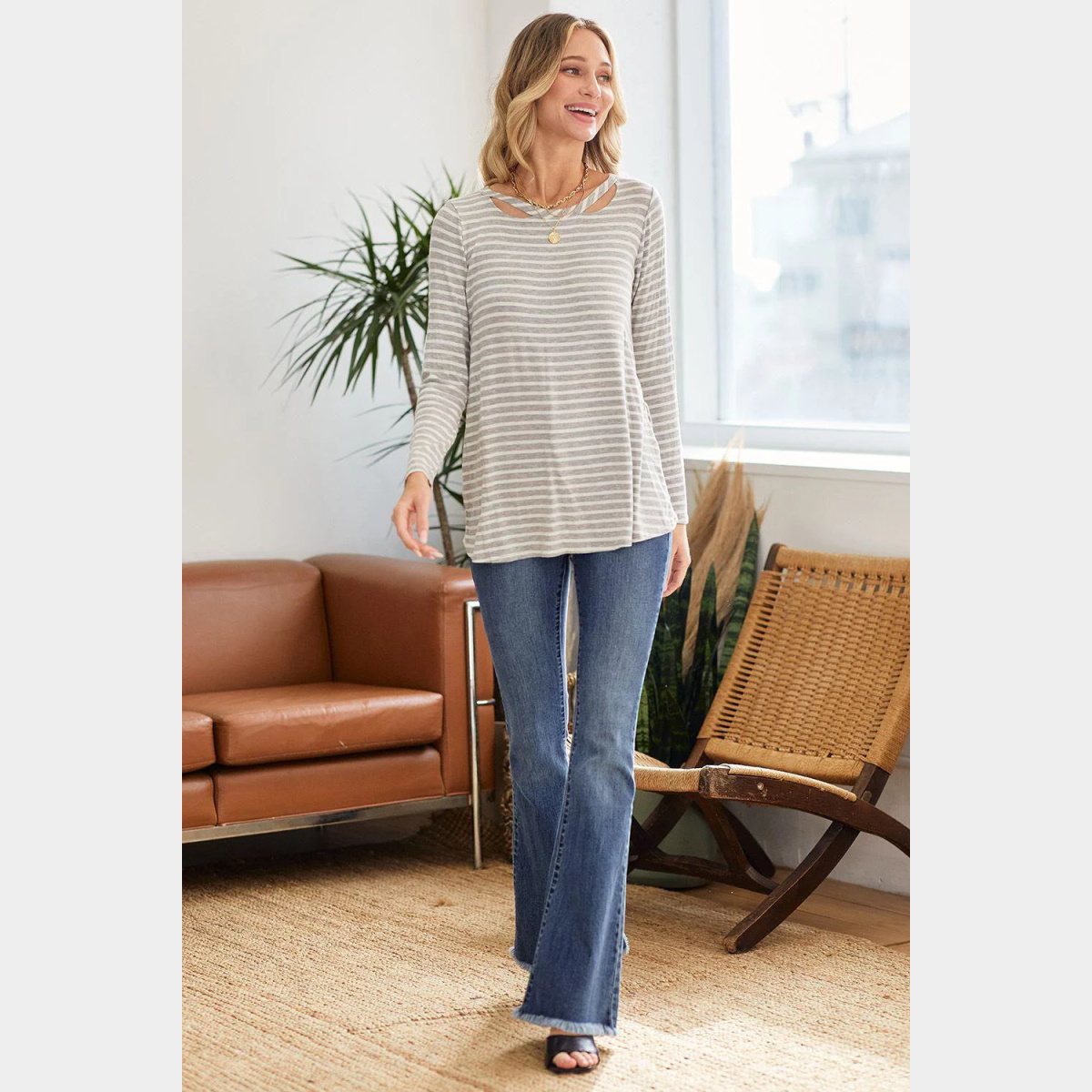 Gray Stripe Rayon Spandex Round Neck Cut Out Detail Long Sleeve Top