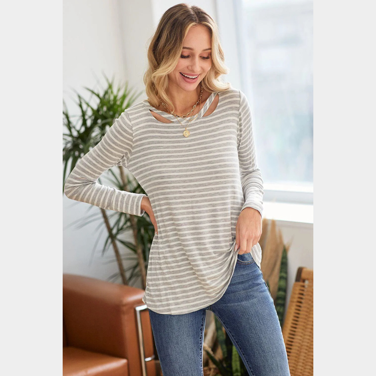 Gray Stripe Rayon Spandex Round Neck Cut Out Detail Long Sleeve Top