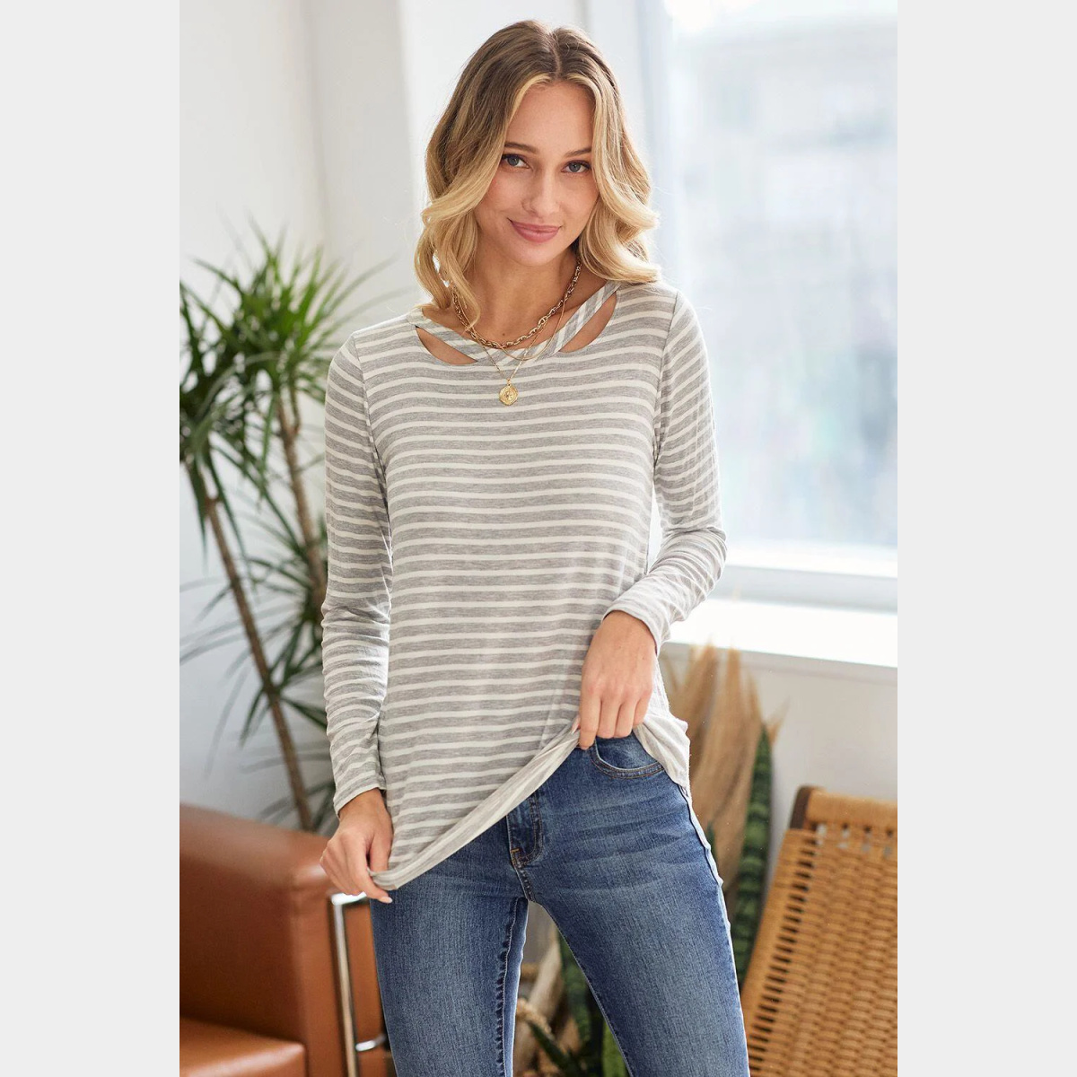 Gray Stripe Rayon Spandex Round Neck Cut Out Detail Long Sleeve Top