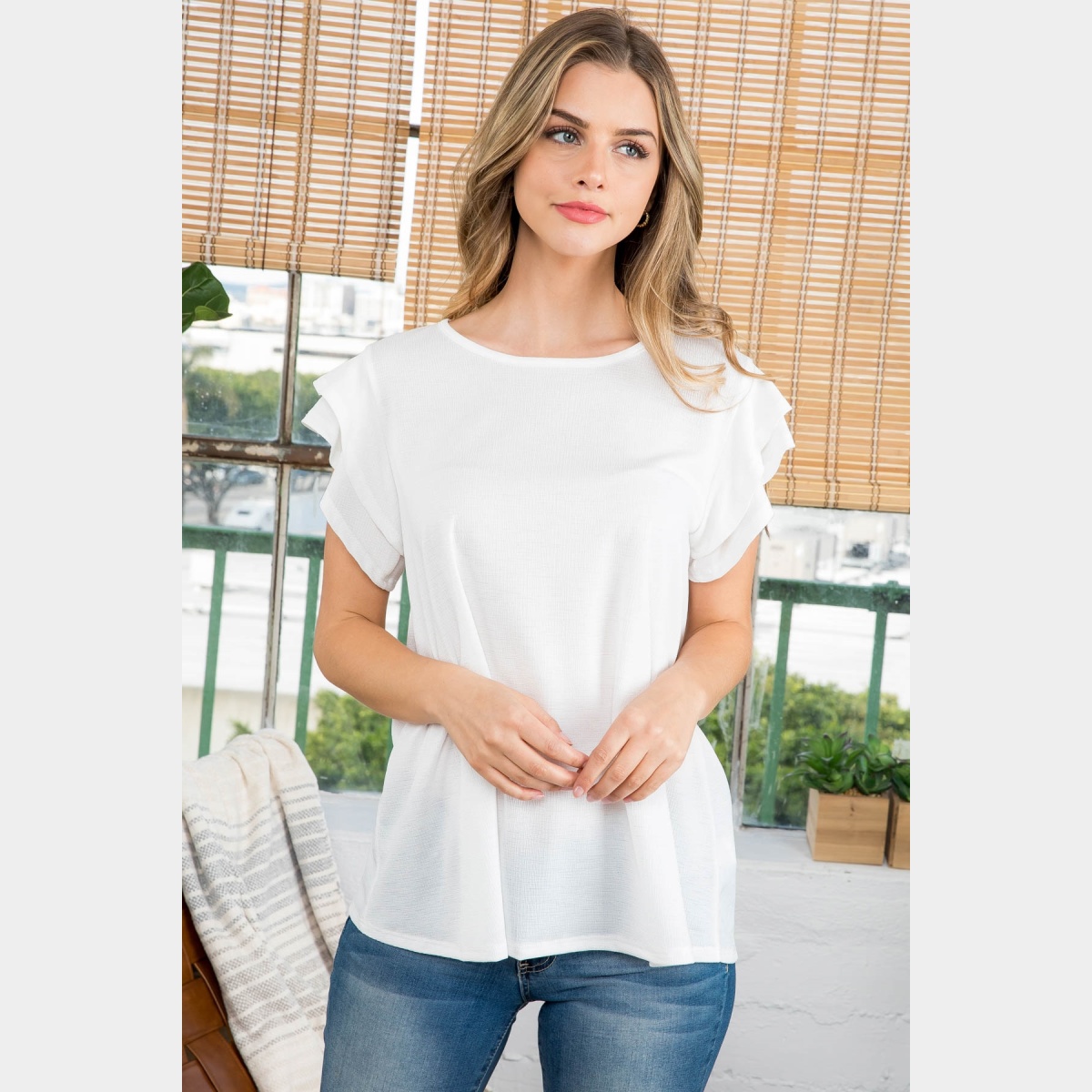 Layered Ruffle Sleeve Round Neck Top Ivory