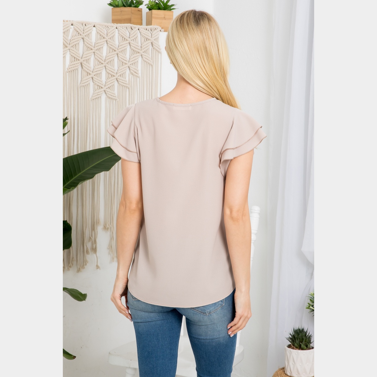 Layered Ruffle Sleeve Woven Top Mocha