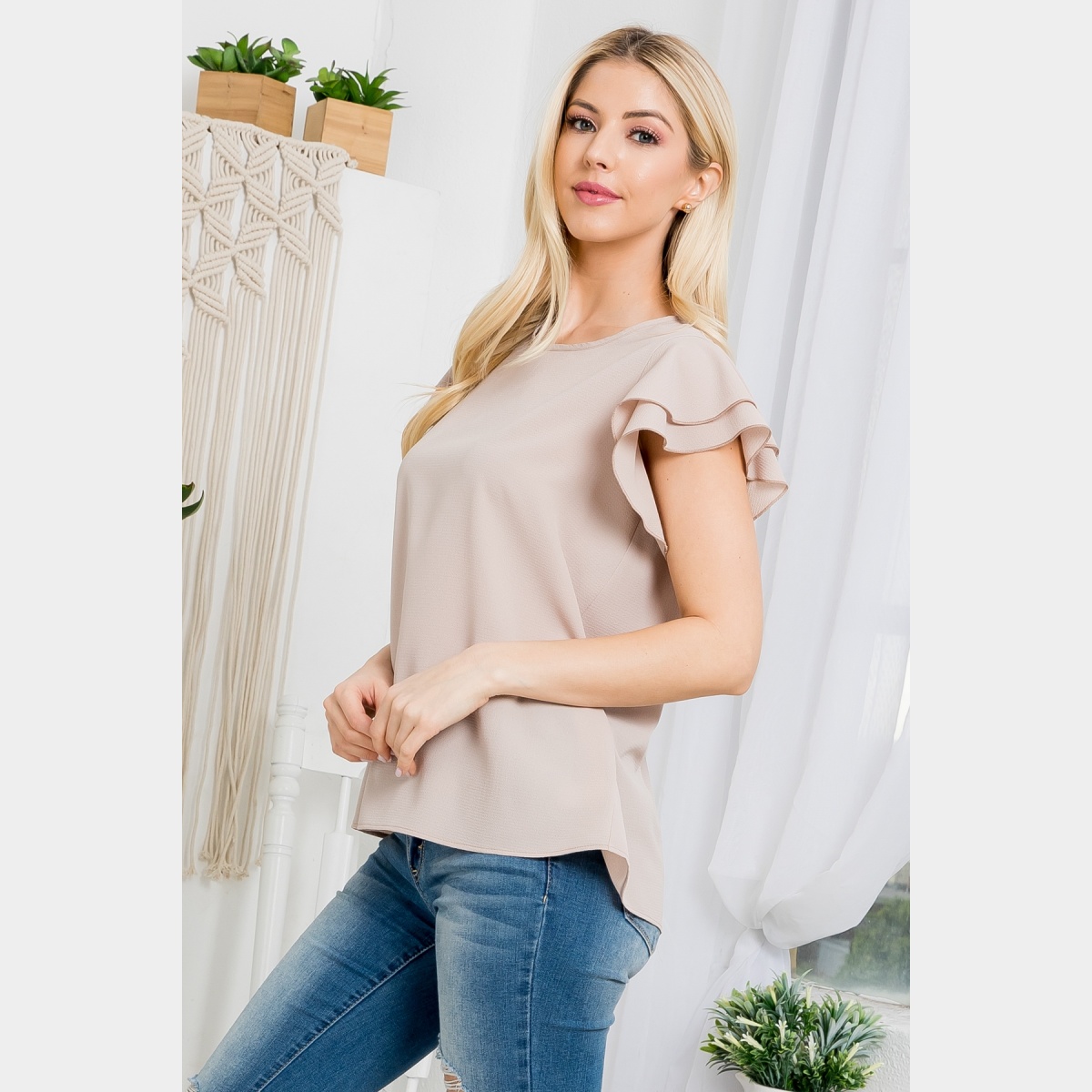 Layered Ruffle Sleeve Woven Top Mocha