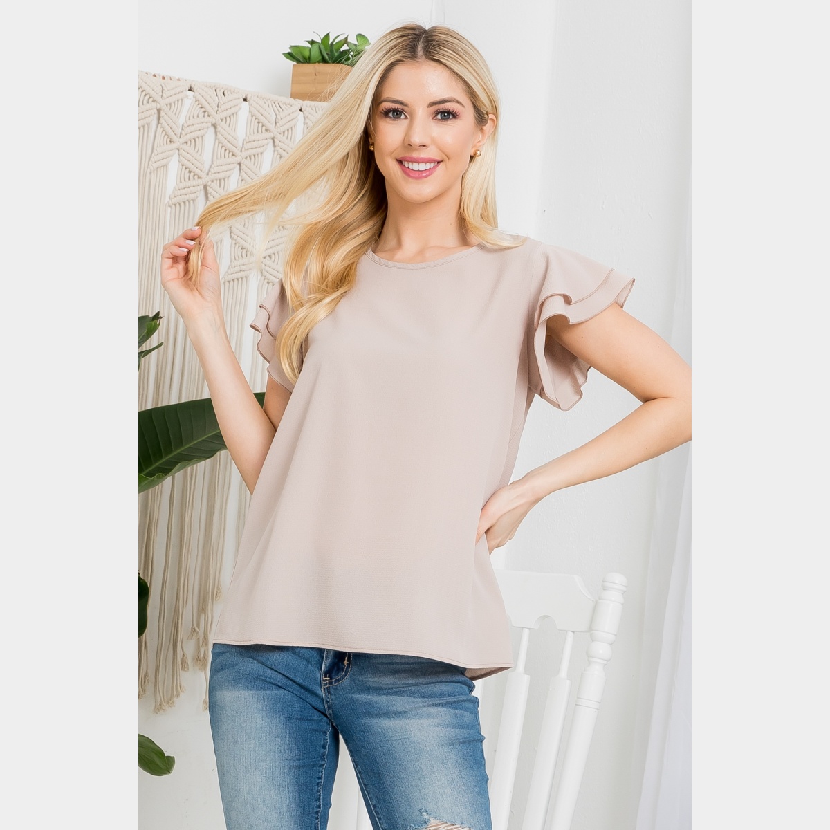 Layered Ruffle Sleeve Woven Top Mocha