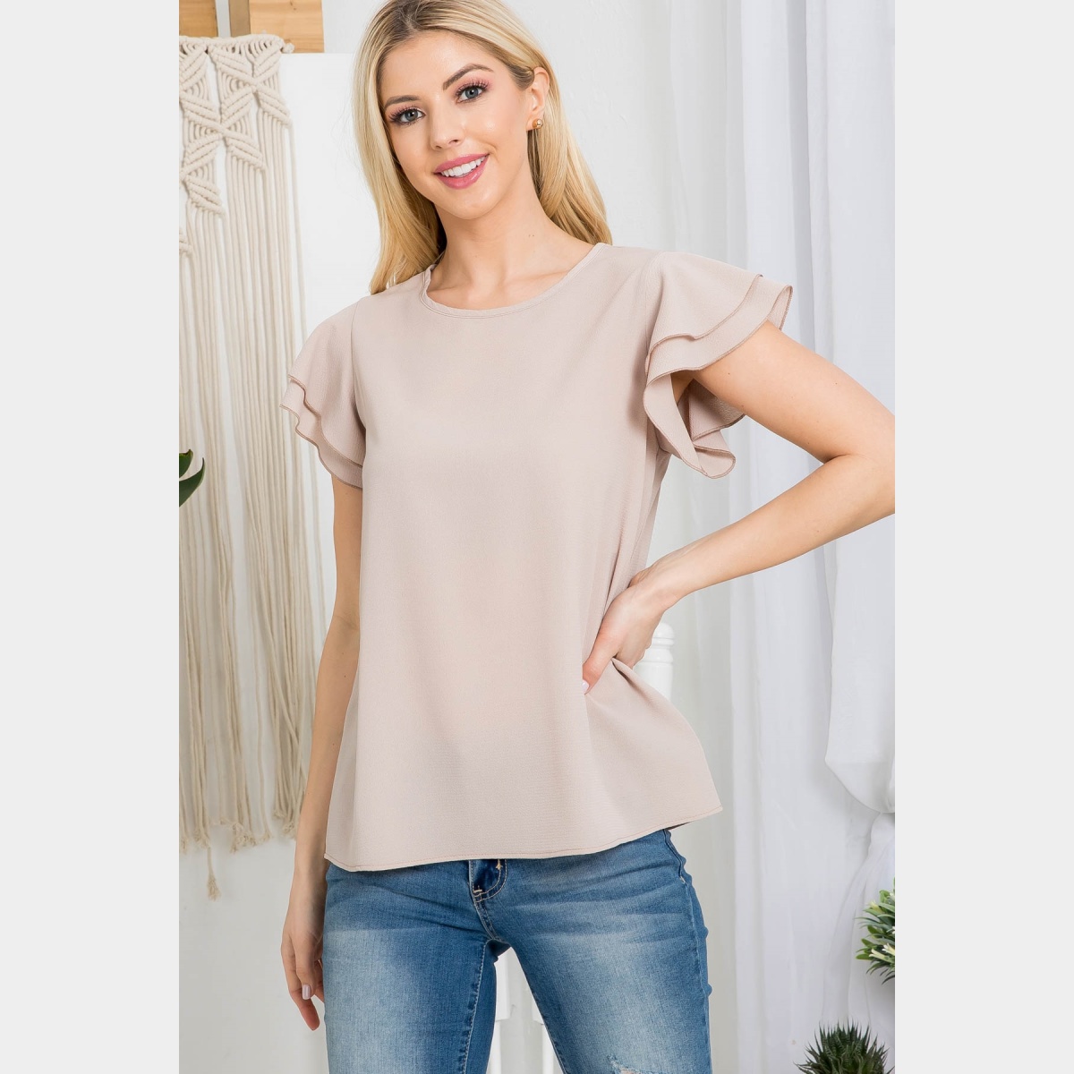 Layered Ruffle Sleeve Woven Top Mocha