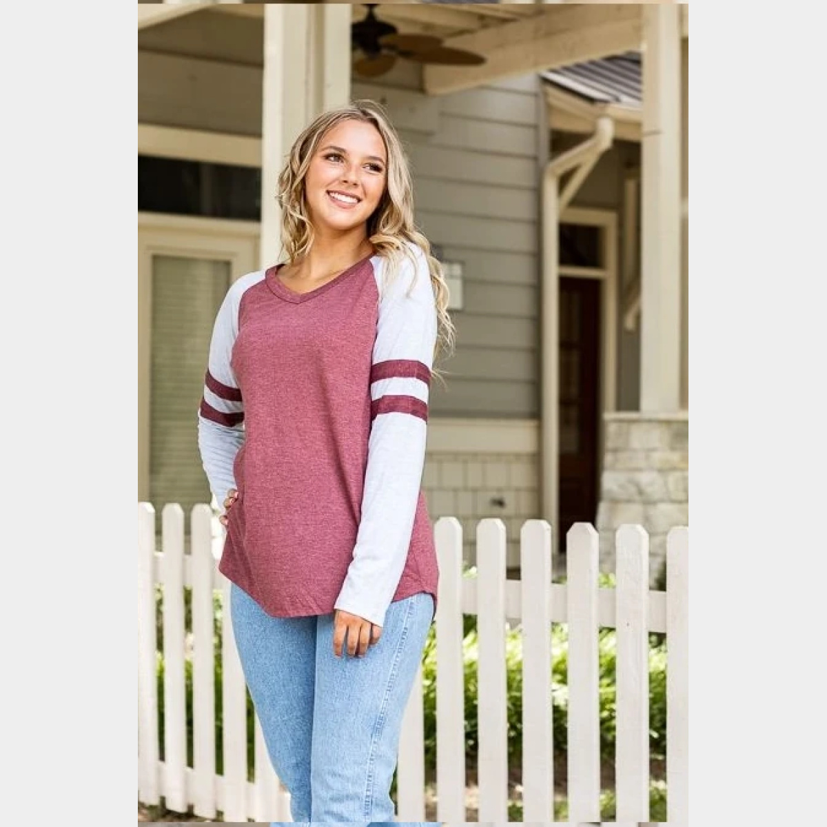 Maroon Longsleeve Tee with Grey Sleeves & Varsity Stripe