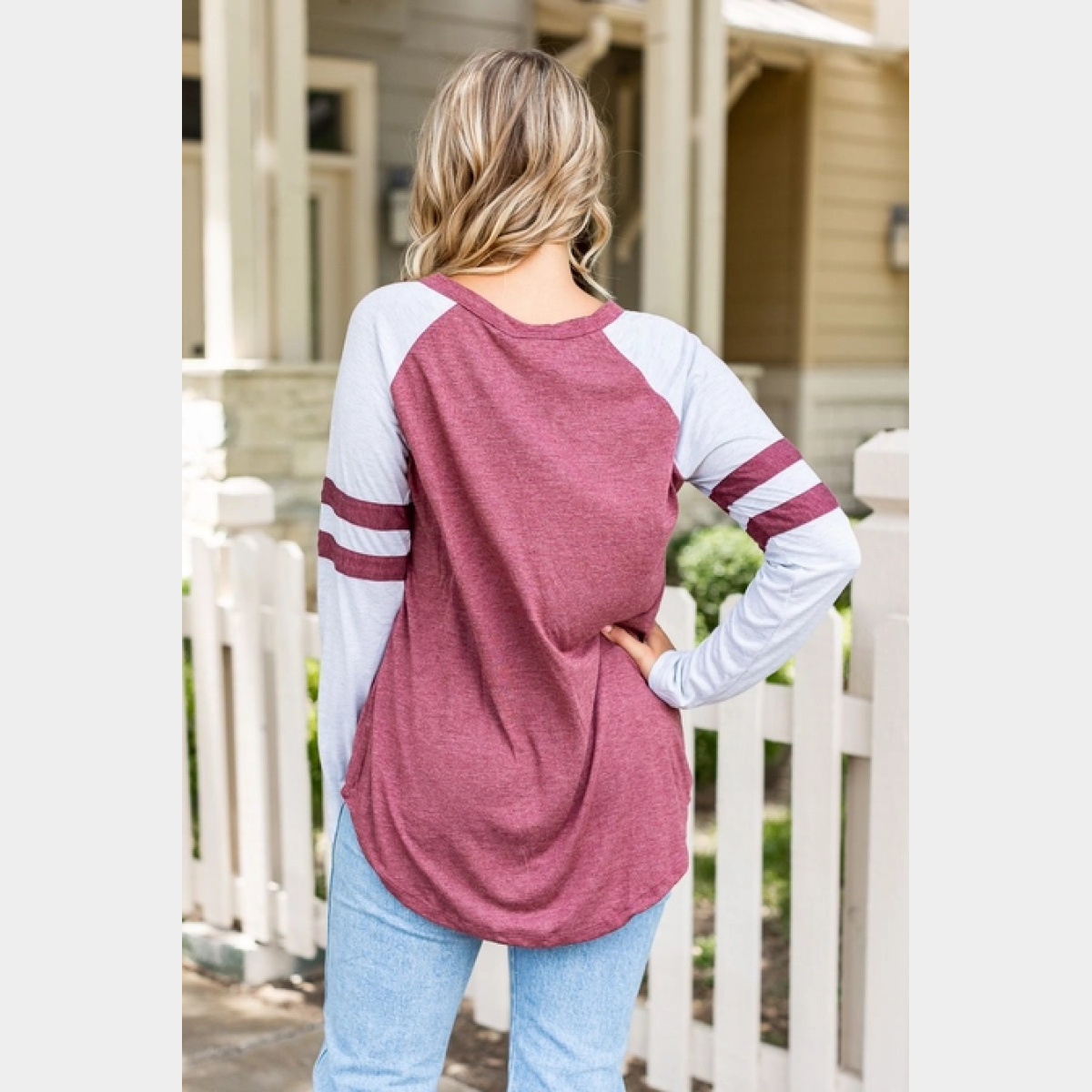 Maroon Longsleeve Tee with Grey Sleeves & Varsity Stripe