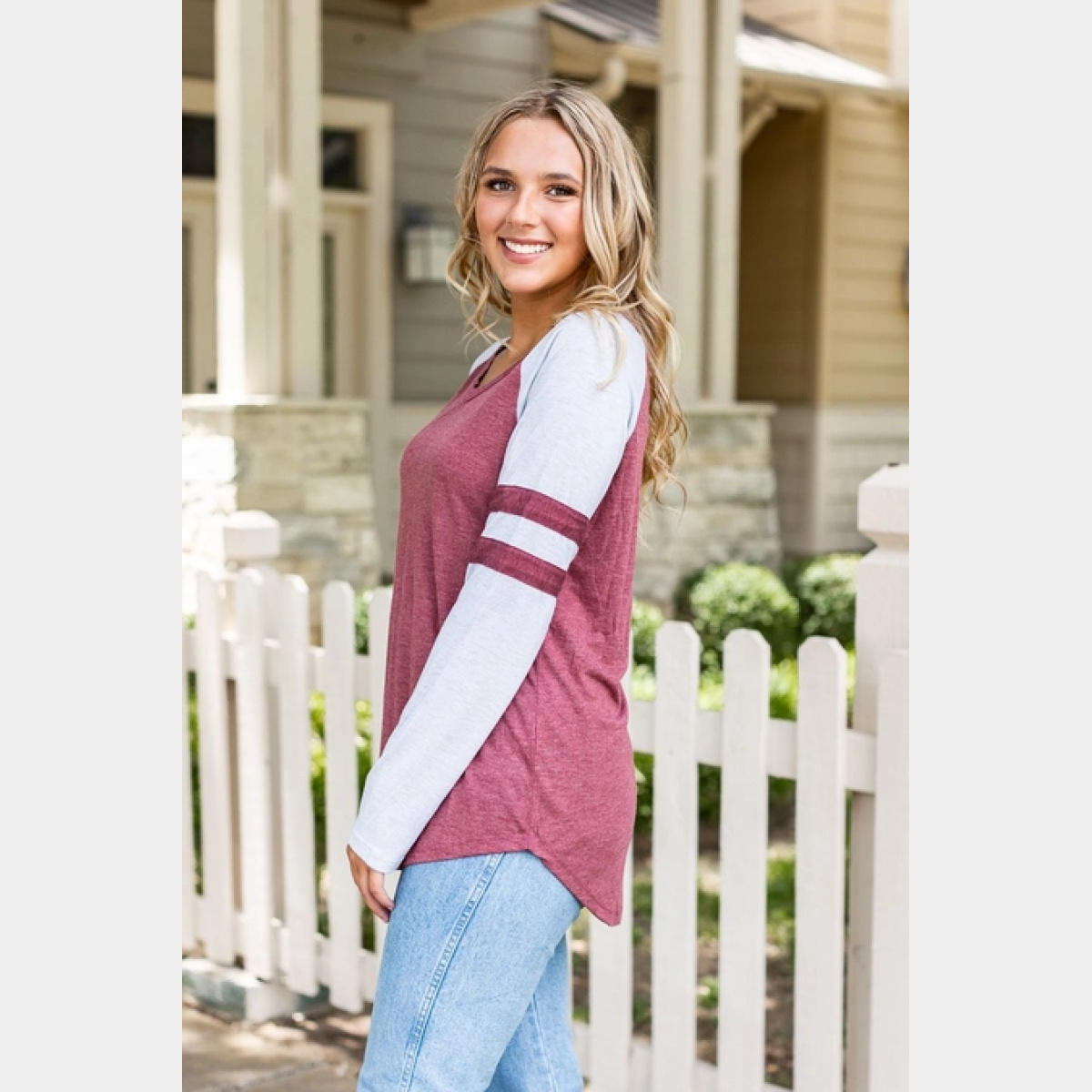 Maroon Longsleeve Tee with Grey Sleeves & Varsity Stripe