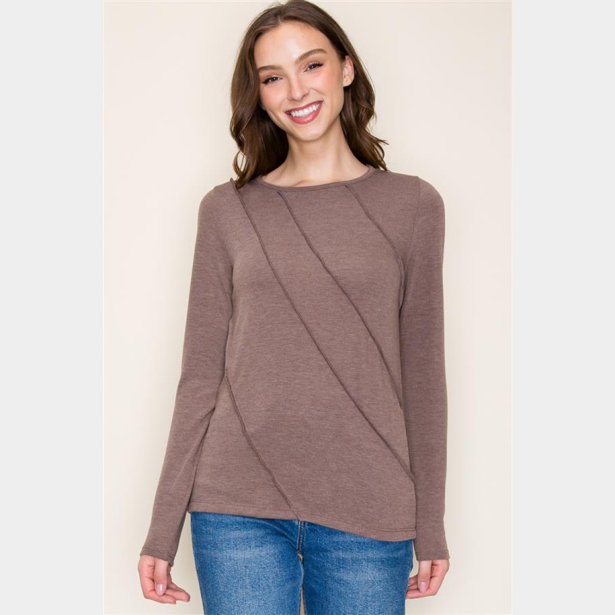 Mocha Crew Neck Out seamed Knit Top